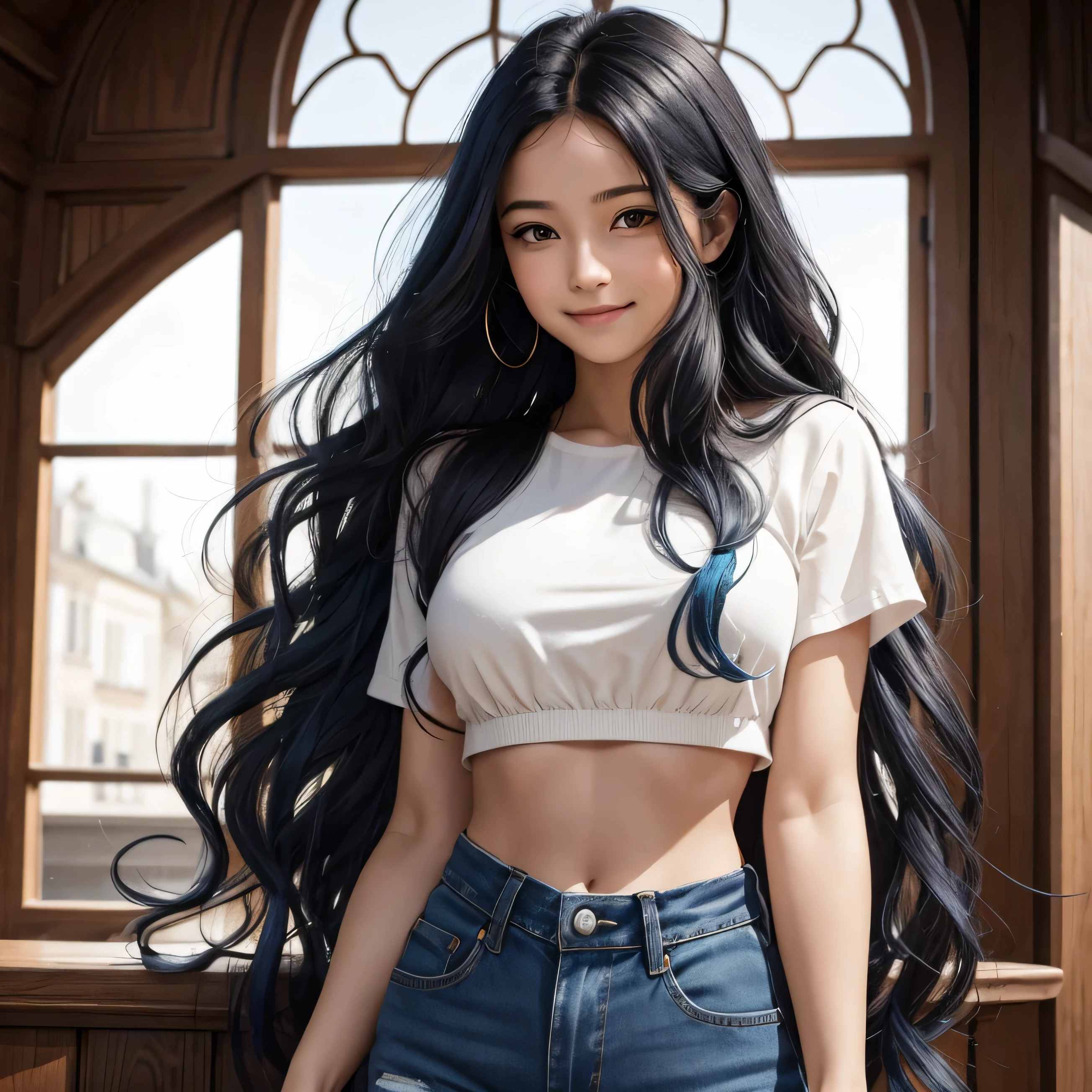 une jeune femme dans la vingtaine, with long wavy blue hair of a soft brown framing a delicate face. Her warm smile lights up her face and transmits positive energy. Nous voyons tout son corps. Elle est en crop top noir et en jean noir. elle se cache la bouche avec une main et son autre main est en l'air. she raises her finger
