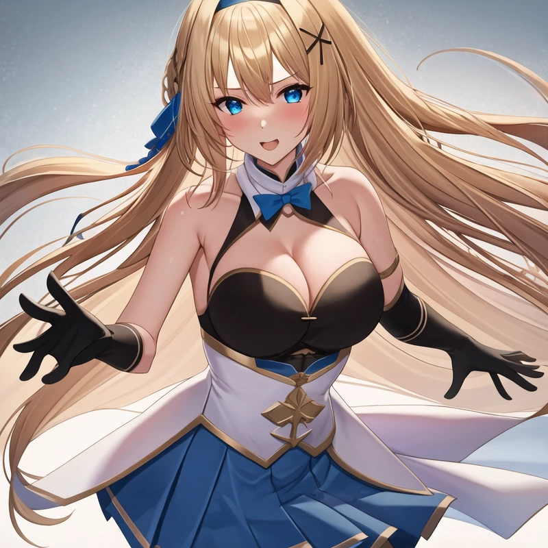 (masterpiece, best quality:1.2), 1 Girl, Solitary, blond, Blue hair band, 左边是Blue hair band, White blue breast, Black gloves, knight skirt, Gray background
