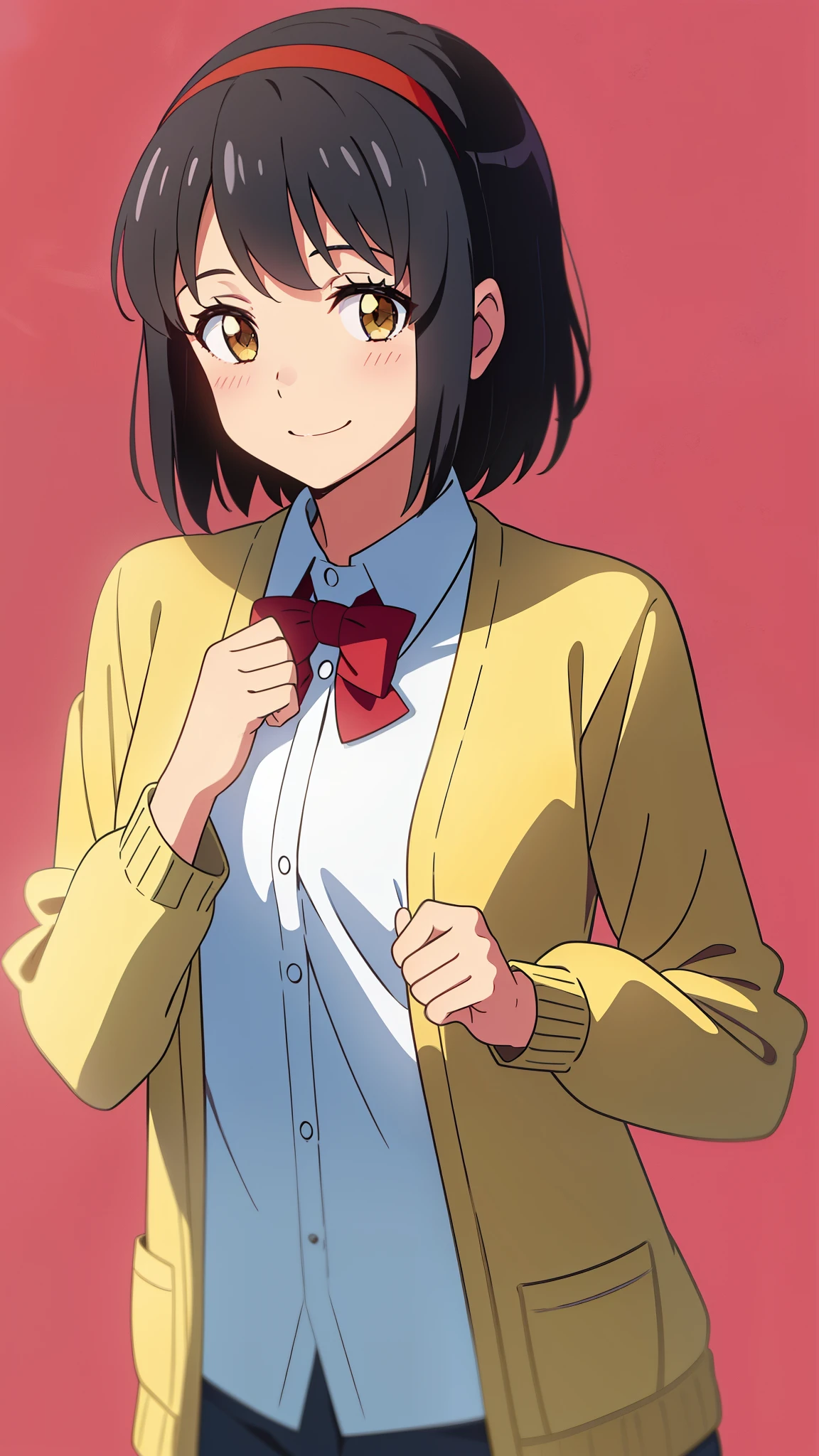 shinkai makoto, kimi no na wa., 1girl, bangs, black hair, blush, brown eyes, shinny skin, red headband, red ribbon, red bow, collared shirt, white shirt, yellow cardigan, open cardigan, looking at the viewer, short hair, cute, smile, solo, upper body, long sleeves, simple background