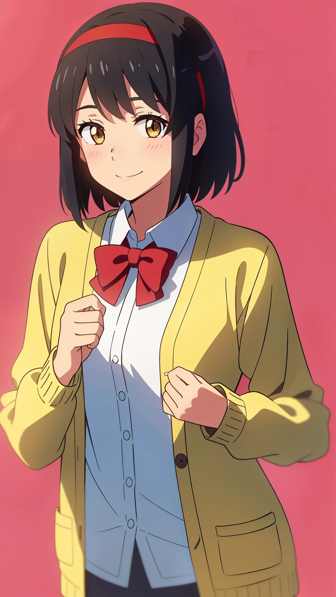 shinkai makoto, kimi no na wa., 1girl, bangs, black hair, blush, brown eyes, shinny skin, red headband, red ribbon, red bow, collared shirt, white shirt, yellow cardigan, open cardigan, looking at the viewer, short hair, cute, smile, solo, upper body, long sleeves, simple background