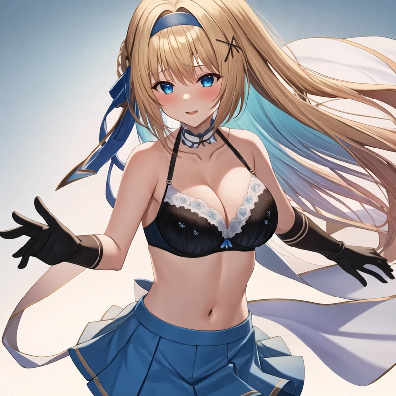 (masterpiece, best quality:1.2), 1 Girl, Solitary, blond, Blue hair band, 左边是Blue hair band, White blue bra, Black gloves, knight skirt, Gray background