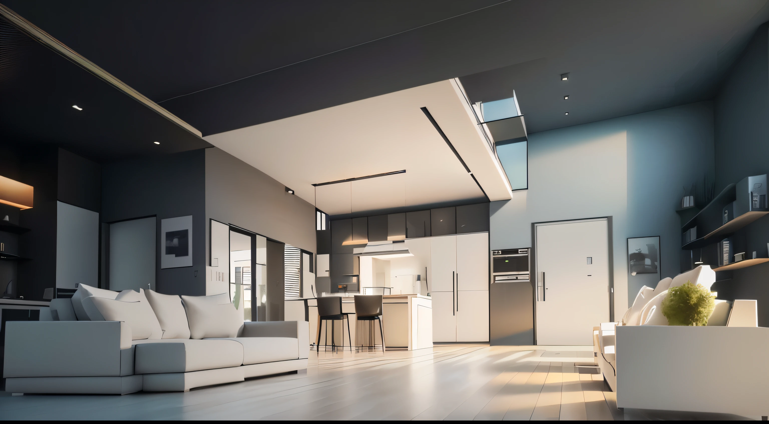 Modern house model with living room and kitchen, Highly detailed 3D rendering, Highly detailed 3D rendering, Ultra-detailed 3D rendering, Ultra-detailed 3D rendering, Highly detailed rendering, Modern design, 3D rendering style, Semi-realistic rendering, Beautiful 3D rendering, Detailed architectural visualization renderings, Very realistic 3D rendering