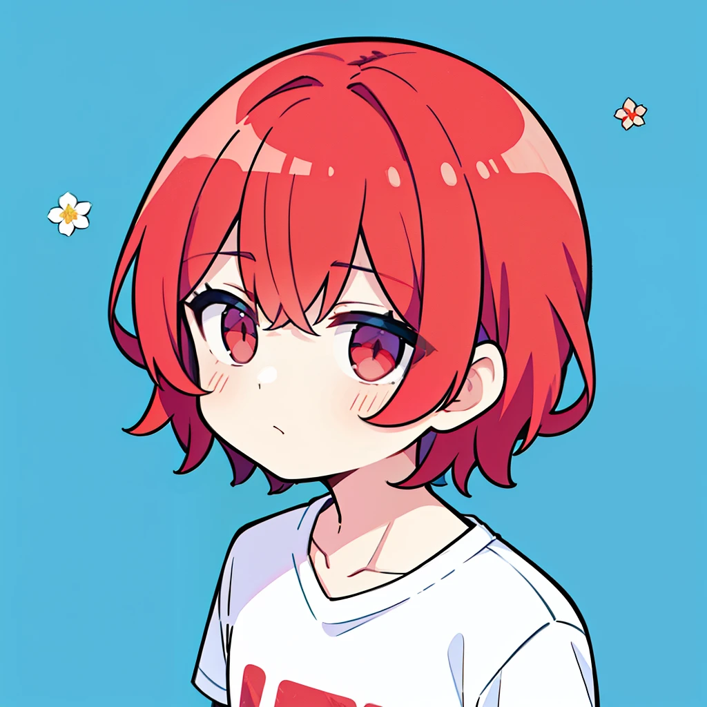 A lot of boys, Redhead, Medium Hair, Flower Hair Ornaments, White T-shirt, Dear Kurt, 8K resolution, 8K quality, Blue background, Center of chest, Red eyes, whole body