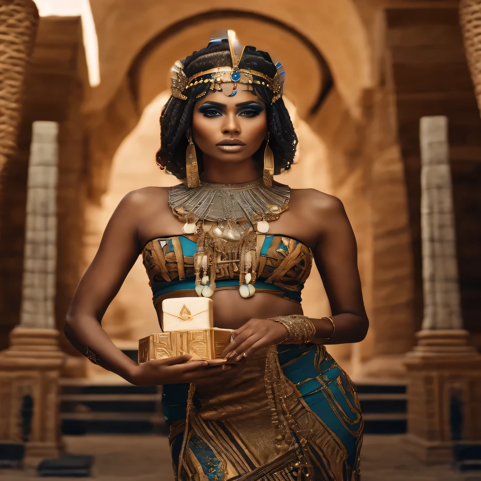 A lady in a gold and blue dress holds a box, beautiful Cleopatra, wearing an egyptian crown, An Egyptian princess, Egyptian cosmetics, Emma Watson plays an Egyptian in Black, Cleopatra in her palace, stunning african princess, Cleopatra, Cleopatra portrait, Goddess shot, brown man egyptian prince, Kemetik, Beautiful woman, dark skinned female love goddess, Egyptian clothing，Hair coiled high，Dazzling headdress，Elegant