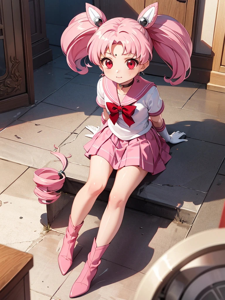 masterpiece, best quality, 1 girl, solo, 8 years old,, chibi usa, 1girl, hairpin, pink hair, white gloves, pink skirt, miniskirt, red eyes, chocker, red ribbone,jewelry, chibi usa, game cg, full body,  uniform