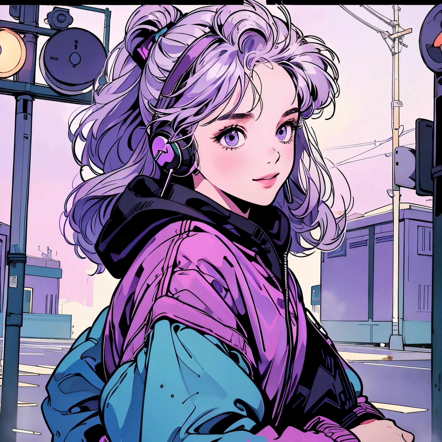 whole body、Kind Face、1 pretty woman、Hoodie with hood、skirt、pedestrian crossing、Signal 、intersection、Complex background、Detailed Hair、smile、Light purple hair、Faint lighting、Wearing headphones、There is movement