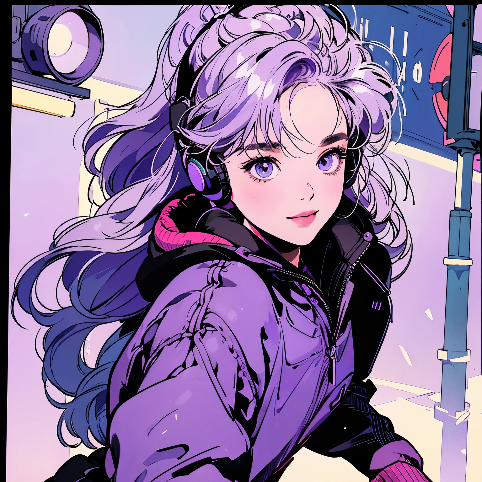whole body、Kind Face、1 pretty woman、Hoodie with hood、skirt、pedestrian crossing、Signal 、intersection、Complex background、Detailed Hair、smile、Light purple hair、Faint lighting、Wearing headphones、There is movement