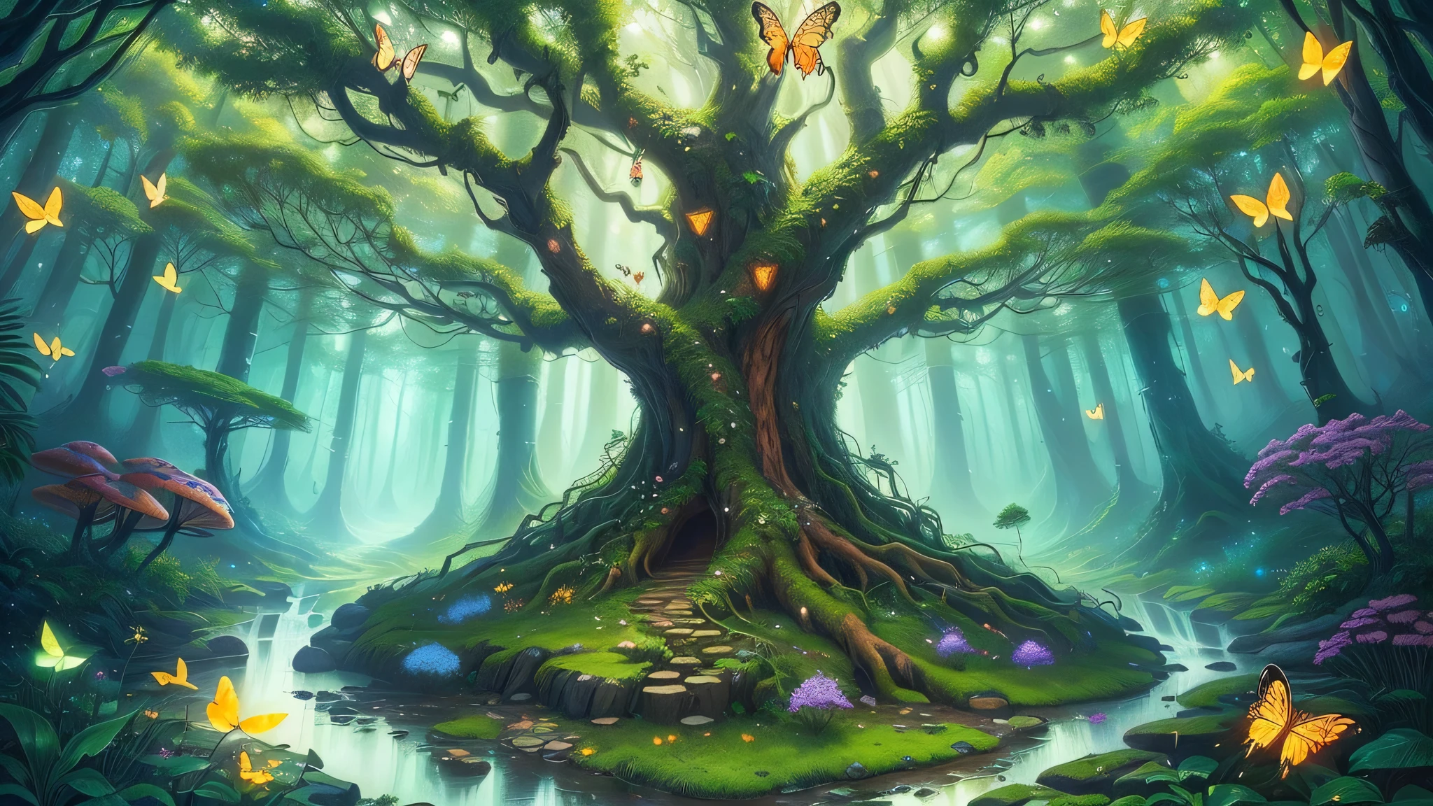 A painting,There is a tree in the painting,There are many different types of mushrooms on it, enchanted magical The Jungle Book, Fairytale Forest, Fantasy tree, Magic tree, Enchanted Forest backround, magical The Jungle Book, The Jungle Book, magic Fairytale Forest, Enchanted Forest, Enchanted Forest, Fairytale Forest, Magical environment, large Magic trees, Magic Tree, Magic fantasy very detailed, Enchanted Forest, world Tree,Many golden glowing butterflies