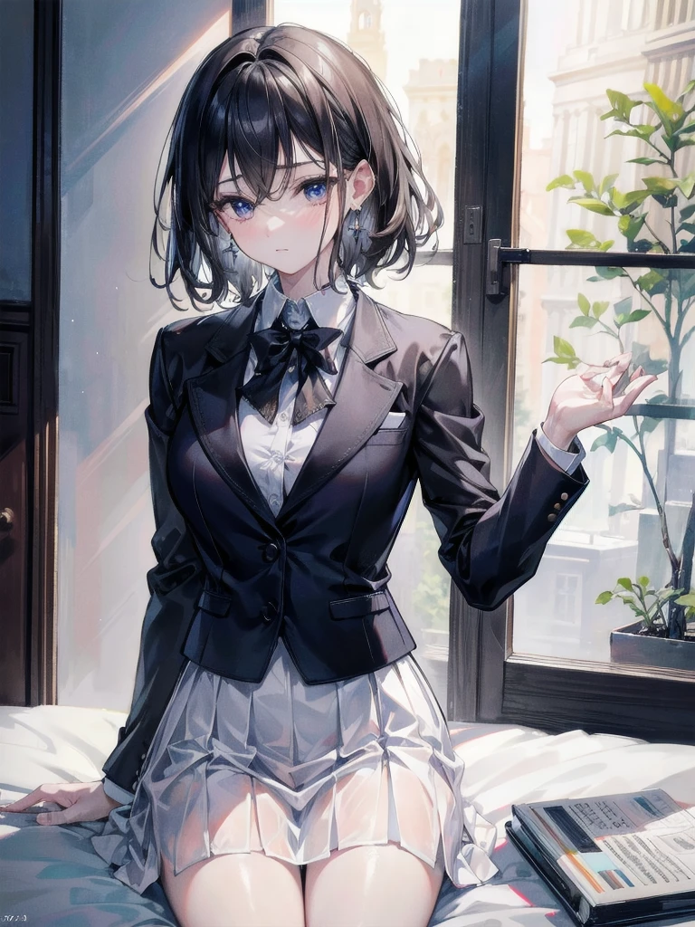 absurdres, RAW photo, extremely delicate and beautiful, masterpiece, Best Quality, ultra high resolution, 32k, hyperrealistic, ultra-detailed, perfect figure, tearful mole, earring, whole body shot, short medium hair, wavy hair, collared button-down shirt, blazer, skirt,