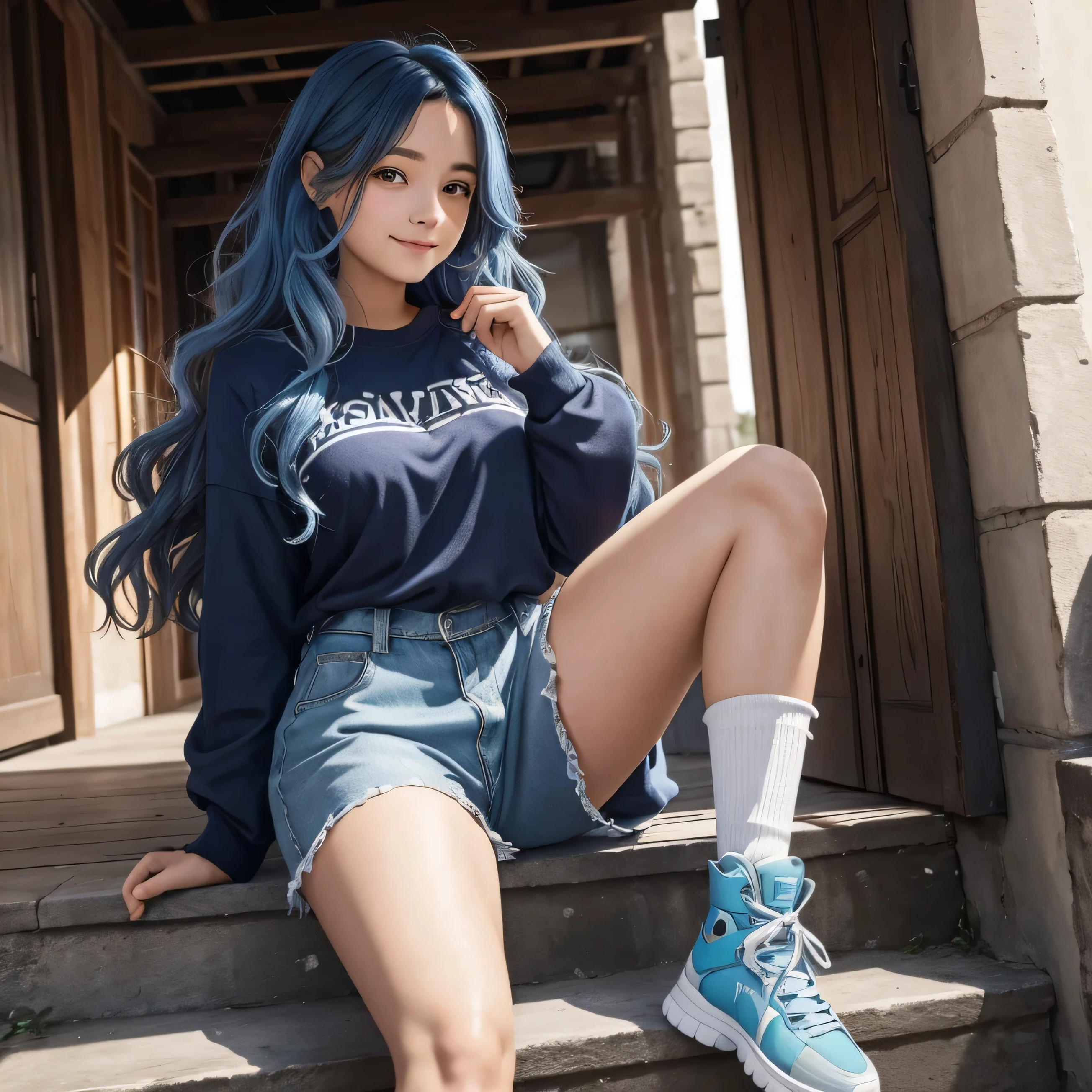 une jeune femme dans la vingtaine, with long wavy blue hair of a soft brown framing a delicate face. Her warm smile lights up her face and transmits positive energy. Nous voyons tout son corps. Elle est en tenue de sport. elle porte aussi des chaussures noires. elle saute en l'air et s'amuse pendant un festival