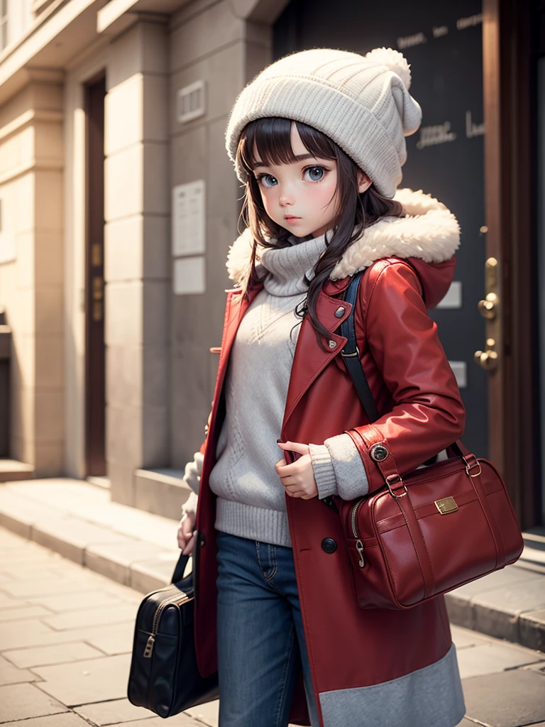 cute trumpet,Wearing a red coat,Carrying a small white school bag,Wearing a gray hat