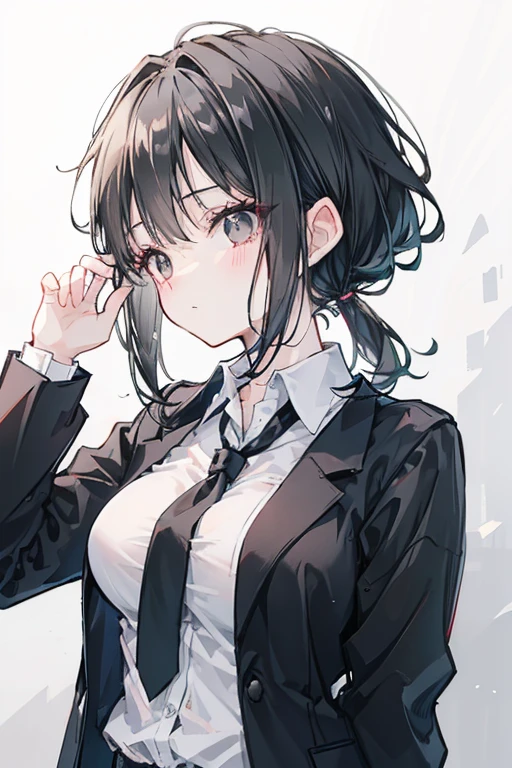 black hair, black eyes, Tie a ponytail, short hair, Age 20, With breasts, nape, cute,