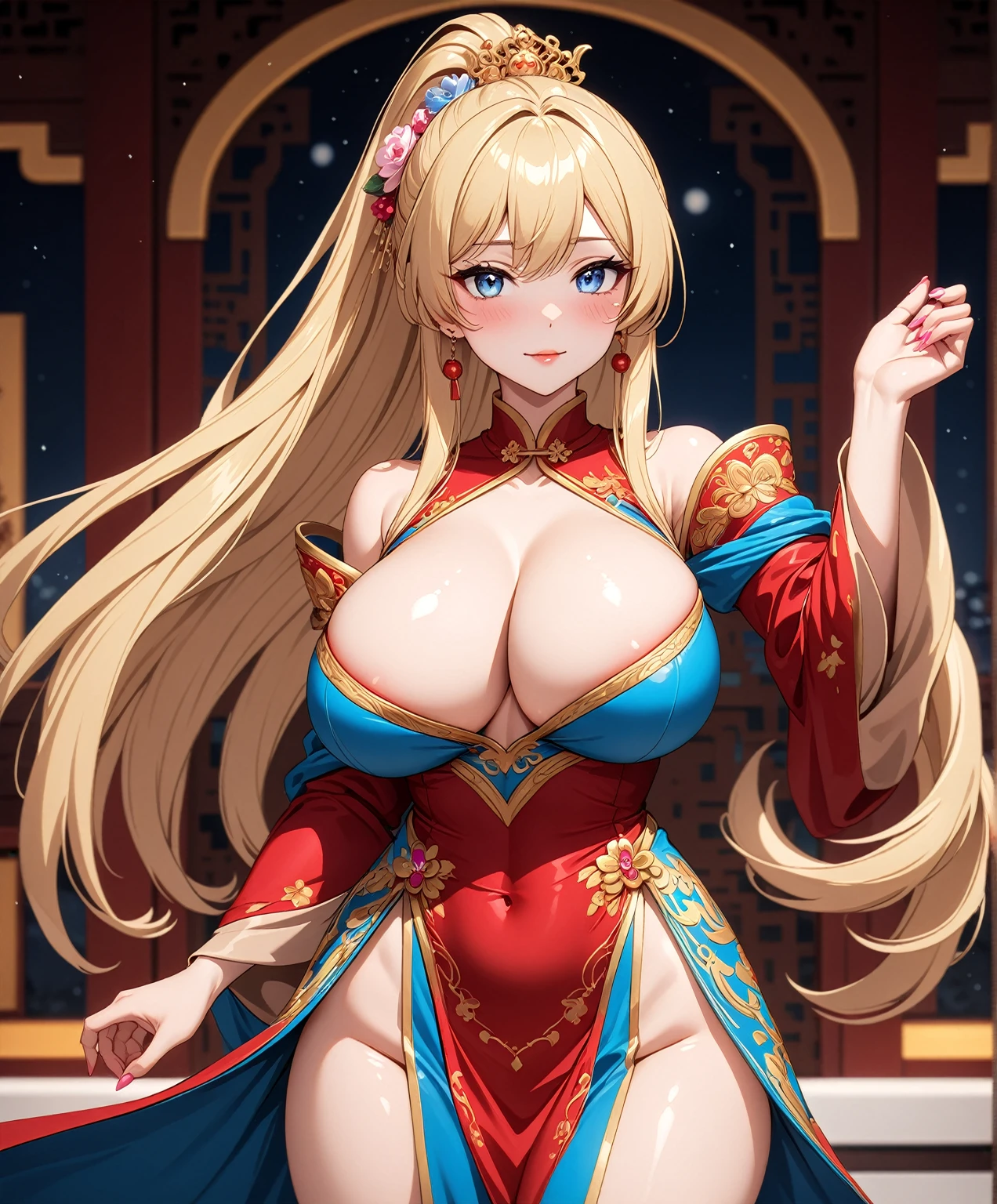 ((One girl)), Beautiful Face,Seduce,Blushing,Glossy Lips,Abstract, night,Chinese court, ((Anime style background)),masterpiece, highest quality, so beautiful, Absurd, up to date, Complex details, Pink long nails,AI-generated, Complex,High resolution, highest quality, super high quality,3D Images、View the viewers、3D Images,one person,Long Blonde Hair,High Ponytail,blue eyes,Anime woman posing for a photo, [[Fine grain、Colorful eyes、Shining Eyes:1.15]],(Squint your eyes:1.1),a hyper realistic , Blonde anime woman with long hair, Smooth anime CG art, Beautiful Chinese court lady, Chinese court costume,Colorful costumes with gold embroidery,Flower Hair Ornaments,Earrings,(Large Breasts:1.4),Mature Body,tall,Big Ass,Fine details,Abdominal muscles,Tilt your face,(Perform a dance)
