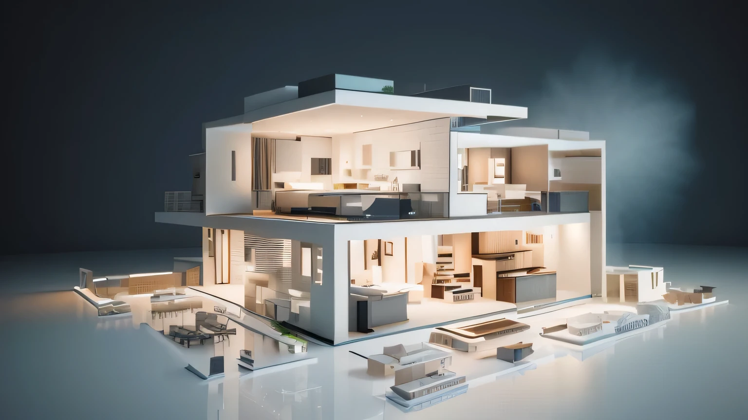 Modern house model with living room and kitchen, Highly detailed 3D rendering, Highly detailed 3D rendering, Ultra-detailed 3D rendering, Ultra-detailed 3D rendering, Highly detailed rendering, Modern design, 3D rendering style, Semi-realistic rendering, Beautiful 3D rendering, Detailed architectural visualization renderings, Very realistic 3D rendering