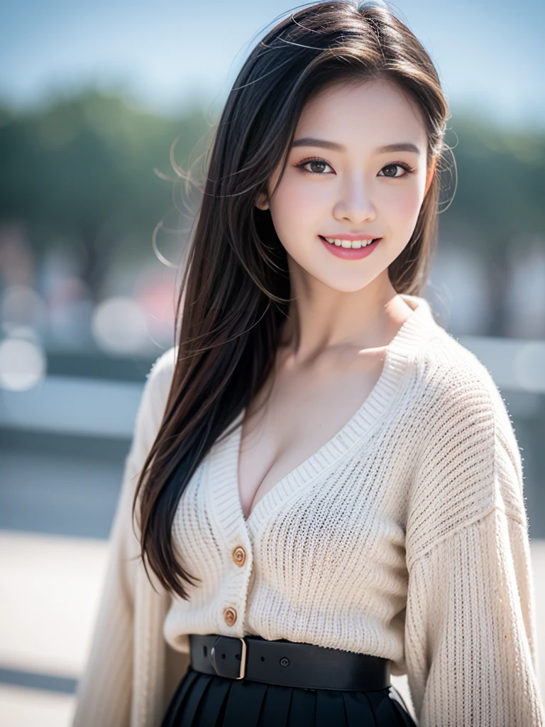 Best quality at best，tmasterpiece，Ultra-high resolution，（Reality：1.4），RAW photogr，1 busty girl，Long gray hair，Face highlights，pure，girlish，Flushing，18yr old，18-year-old smiling female classmate，pure，Innocent，（Best quality at best，8K，tmasterpiece:1.3），Goose egg face，largeeyes，long eyelasher，Exquisite（live-action realistic style），Star-like eyes，ultimate face，Realistic light and shadow，Clear facial features，Milky skin，Fair skin， highdetailskin， Authentic skin details， Visible Pore，（super detailing），（perfect body figure：1.1），Long gray hair，（dynamicposes），((Dynamic background((volumettic light：1.3))，Colossal ，white cardigan，Skirt that wraps hips，alps，snow mountains，chilly，Stood up，liberta，dashing，long leges，Shunguang