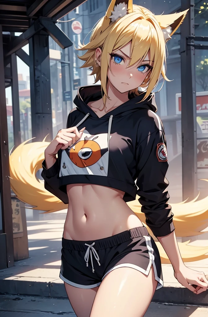 1girl, naruto uzumaki as a girl, gender swap naruto uzumaki, female naruto uzumaki, uzumaki naruto as a female, gender swap naruto, Naruko, girl/female/woman, beautiful girl, short blond hair, blond hair, detailed blond hair, short-medium lenght hair, medium length hair, blond detailed medium length hair, blue eyes, detailed eyes, perfect eyes, beautiful blue eyes, captivating detailed blue eyes, female figure, wearing shorts, casual sport shorts women, running cotton shorts women, cropped hoodie, cropped-hoodie for woman, cute, cute girl, fox ears, she has cute fox ears, fox tail, nine-tailed fox tail, perfect image, 4k image, high resolution, best image, high quality, best image ever, masterpiece [perfect hands, perfect body]
