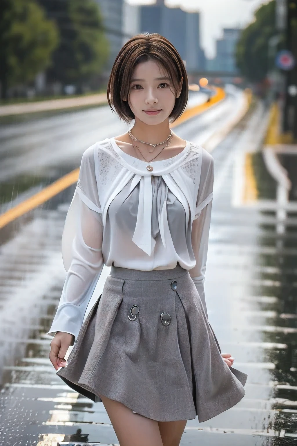 (An 18-year-old woman walking through the rain:1.5)、(Soaking wet:1.2)、(The best quality at its best:1.4), (Super detailed), (Very detailed CG unified 16k), Beautiful woman with perfect figure: 1.4, Sharp focus: 1.2, Very detailed, High-quality RAW color photos, Professional photography, Great face and eyes, cosmetics, (Amazingly beautiful girl), ((White blouse、Grey flared skirt:1.5)), Sexy posture，(View from below), Realistic movie faces, Wide zoomed out view of head to foot length, Full body long view, Realistic, ((Realistic natural orange red hairstyle, Realistic blue eyes)), ( Short Bob Hair:1.5), (necklace:1.5)、, Very beautiful face, Perfect model beauty, Mouth swelling, Highly detailed face and skin texture, Fine grain, double eyelid, Medium chest, smile, Crack, west, (masterpiece), highest quality, High resolution, Very detailed, Blurred Background, Depth of written boundary, Cinema Lighting, Great legs, , Clear, well-maintained skin, (((Women make up the majority of the photo)))