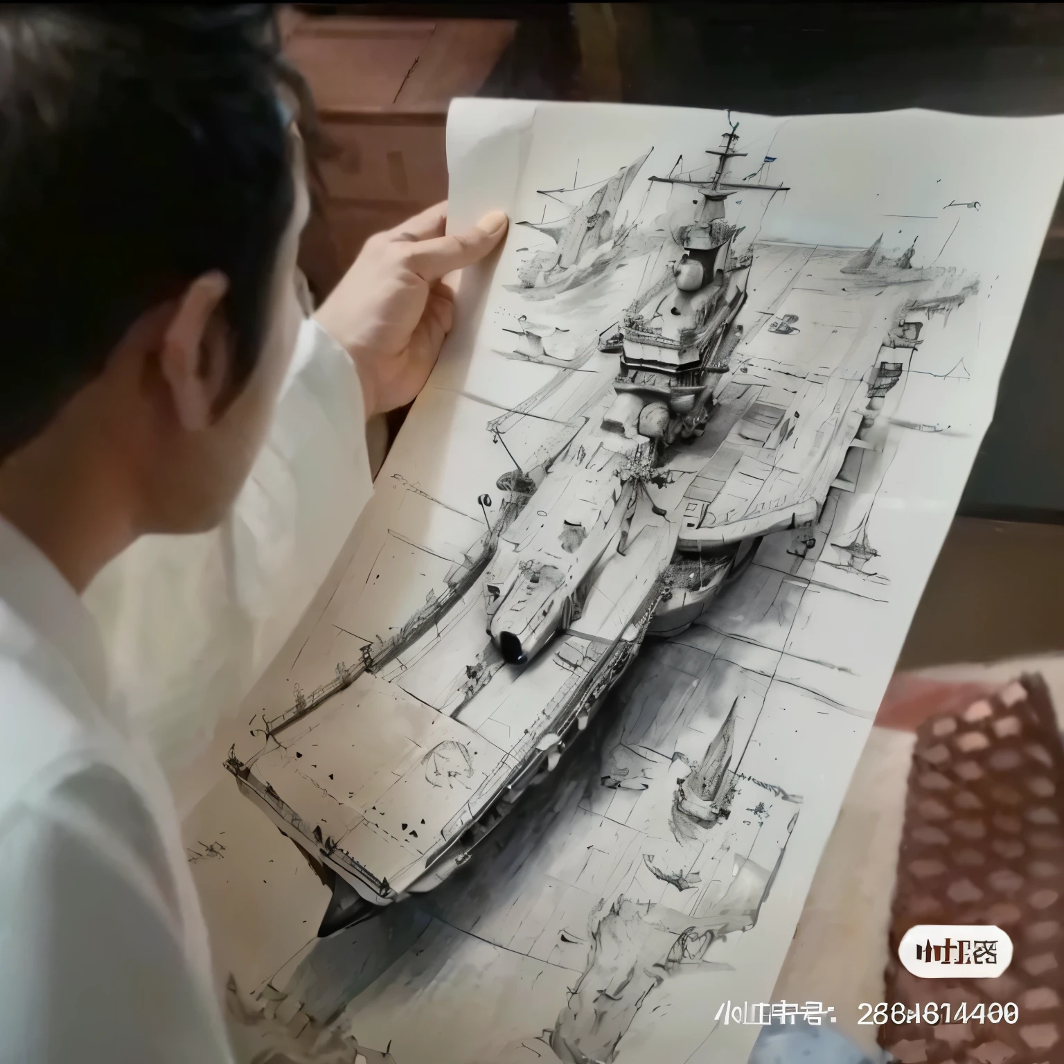 arafed drawing of a ship on a piece of paper, 4k. detailed drawing, realistic warship design, 4 k drawing, incredible depth, masterful intricate artwork, aircraft carrier scene, high quality of sketching, matte drawing. masterpiece, hyperrealistic sketch, by senior artist, amazing depth, japanese cgi, inspired by Li Tiefu, masterpiece concept art