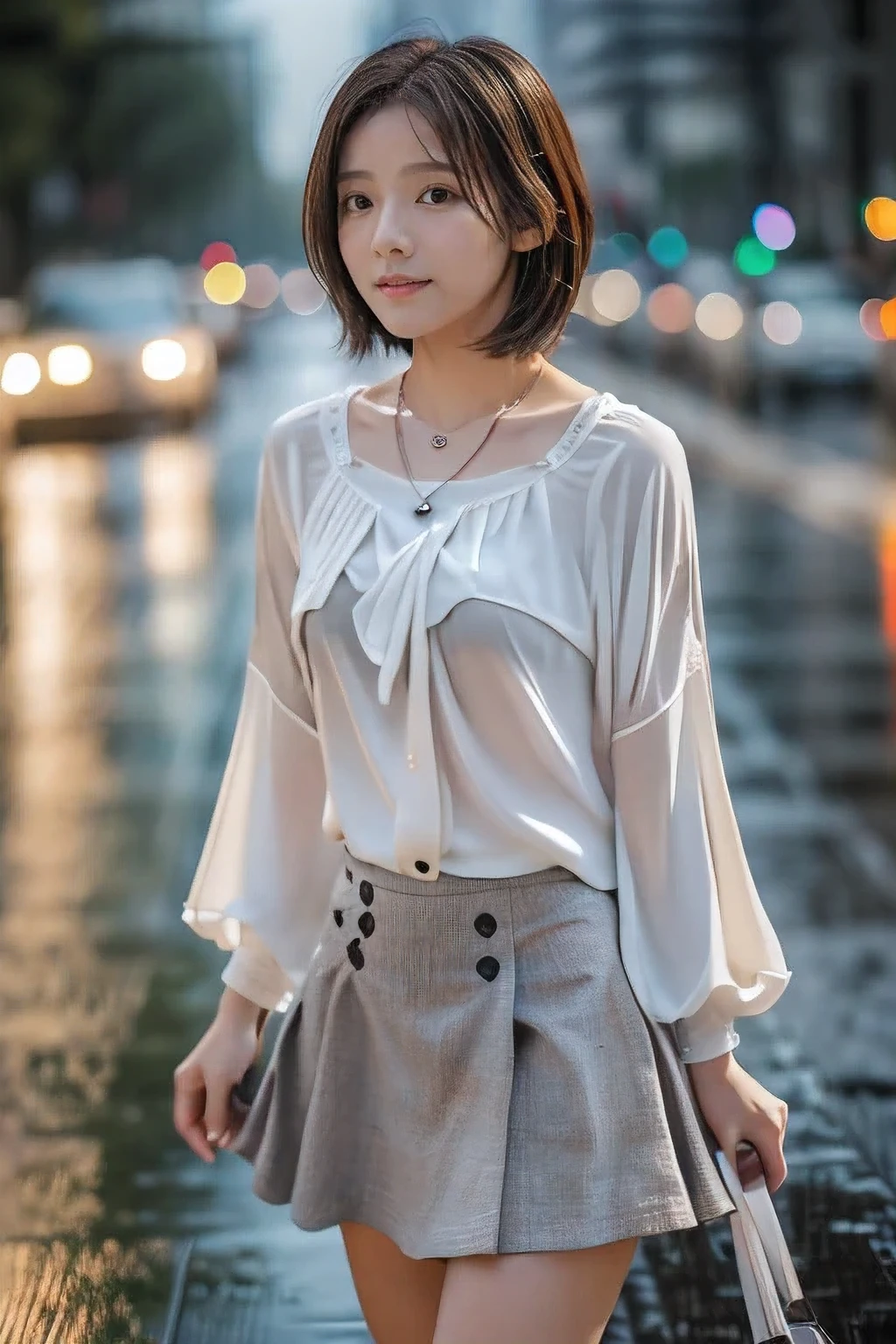 (An 18-year-old woman walking through the rain:1.5)、(Soaking wet:1.2)、(The best quality at its best:1.4), (Super detailed), (Very detailed CG unified 16k), Beautiful woman with perfect figure: 1.4, Sharp focus: 1.2, Very detailed, High-quality RAW color photos, Professional photography, Great face and eyes, cosmetics, (Amazingly beautiful girl), ((White blouse、Grey flared skirt:1.5)), Sexy posture，(View from below), Realistic movie faces, Wide zoomed out view of head to foot length, Full body long view, Realistic, ((Realistic natural orange red hairstyle, Realistic blue eyes)), ( Short Bob Hair:1.5), (necklace:1.5)、, Very beautiful face, Perfect model beauty, Mouth swelling, Highly detailed face and skin texture, Fine grain, double eyelid, Medium chest, smile, Crack, west, (masterpiece), highest quality, High resolution, Very detailed, Blurred Background, Depth of written boundary, Cinema Lighting, Great legs, , Clear, well-maintained skin, (((Women make up the majority of the photo)))