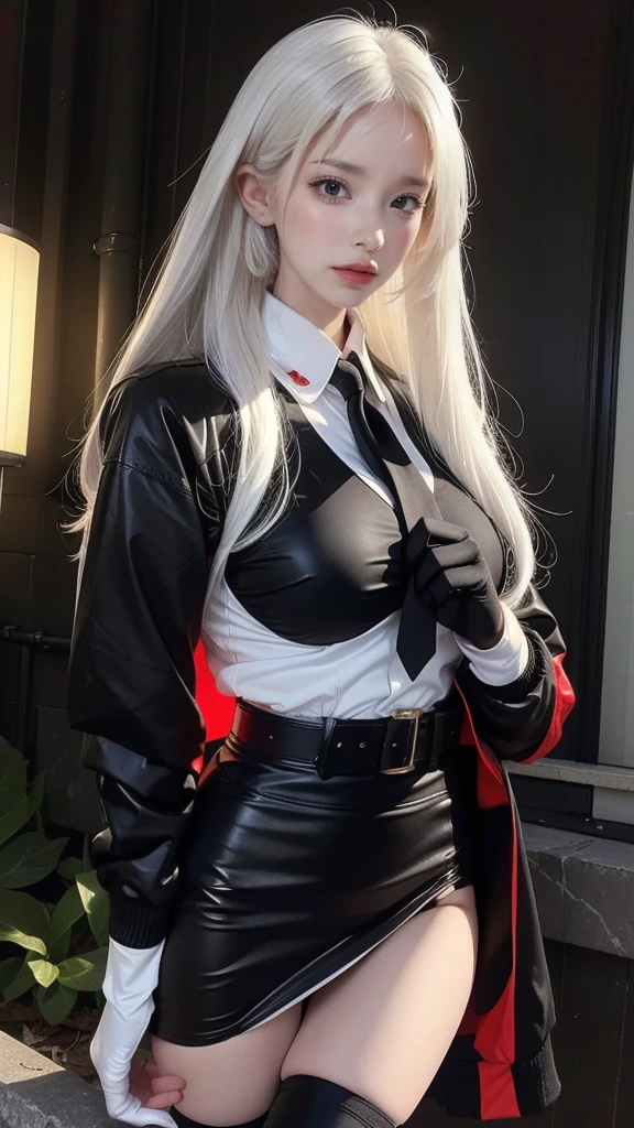 masterpiece,Perfect image quality,2048 resolution,1 girl, Vampire Girl,close up, (white hair, Medium Length Hair, Large Breasts, Red Eyes), Perfect anatomical structure, City, Cyberpunk style, ((White shirt, black jacket, Black skirt, Umbilical cord, belt, Black gloves, tie, watch, earrings, Transparent Black)), ((holding a gun)), war, City廢墟, On the war zone, rubble, architecture,cigarette
