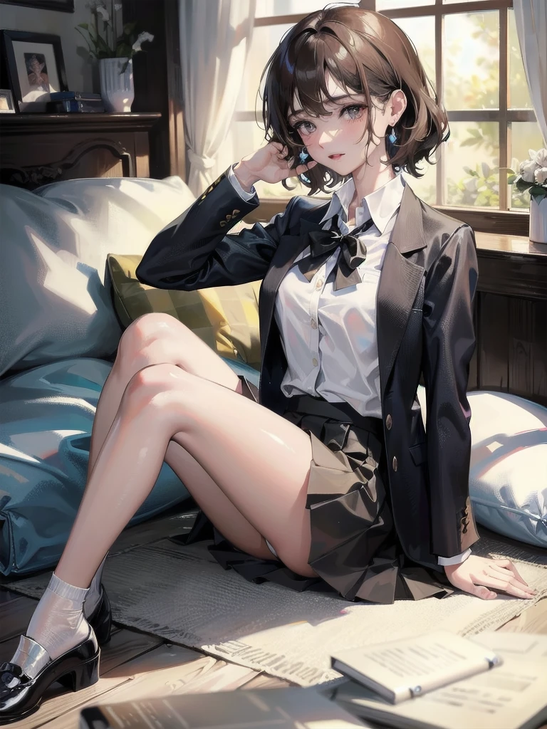 absurdres, RAW photo, extremely delicate and beautiful, masterpiece, Best Quality, ultra high resolution, 32k, hyperrealistic, ultra-detailed, perfect figure, tearful mole, earring, whole body shot, short medium hair, wavy hair, collared button-down shirt, blazer, skirt,