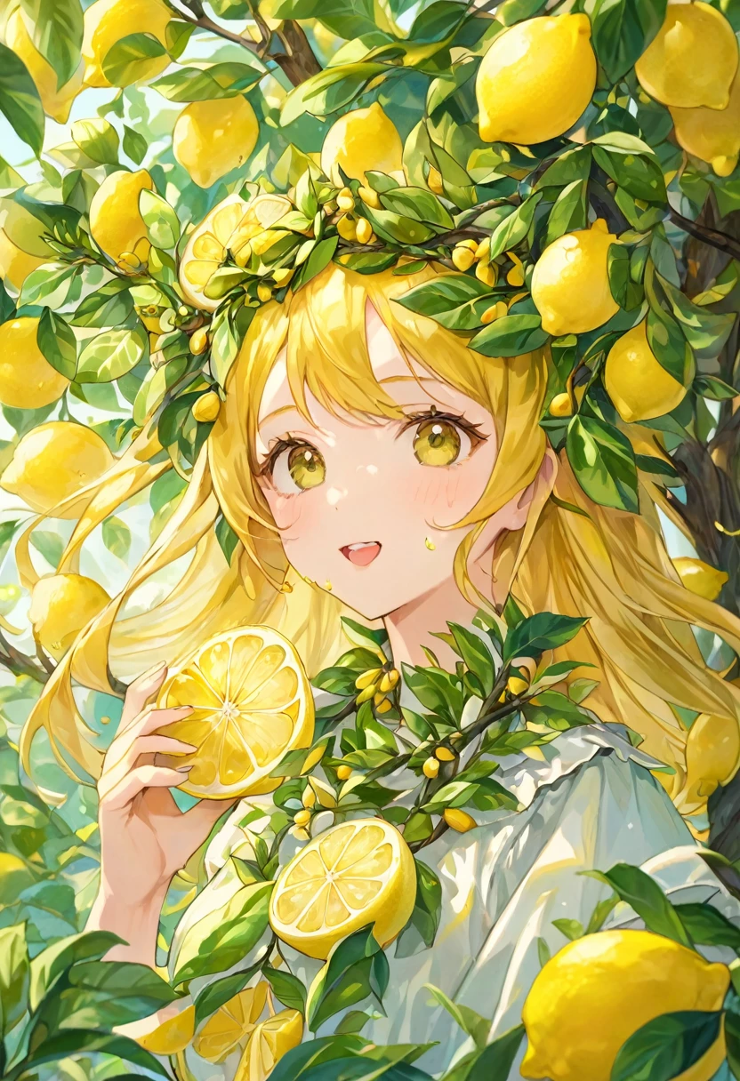 Painting of a girl with golden hair,Wearing a garland of leaves on the head, standing in a tree with many lemons and taking pictures, holding a sliced lemon in hand, eating the sliced lemon with a sour expression, close-up of a happy and animated character( Perfect anatomical structure )
Beauty and extremely fine texture,Detailed, bright, high-definition and high-quality presentation in animation style