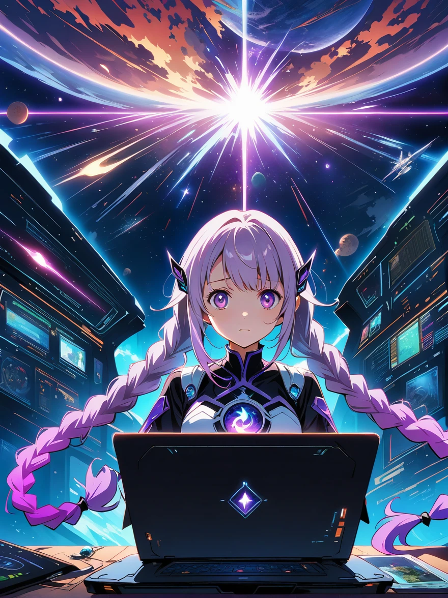 (Vision:1.5), 1yj1, 1girl, (((Symmetrical hair accessories, Purple and white gradient double ponytail long hair, Purple Eyes)))，(Purple double long braids:1.3)，(1boy:1.9), dream, Inside the starship，Console, laptop, play games, nervous, Anatomically correct, Bright colors, Ultra high saturation, yinji, Popular Isekai Anime，Official Anime Artwork，Fantasy style anime，Shadow Poetry Style，Fantasy Anime Series，Interstellar Science Fiction World，future