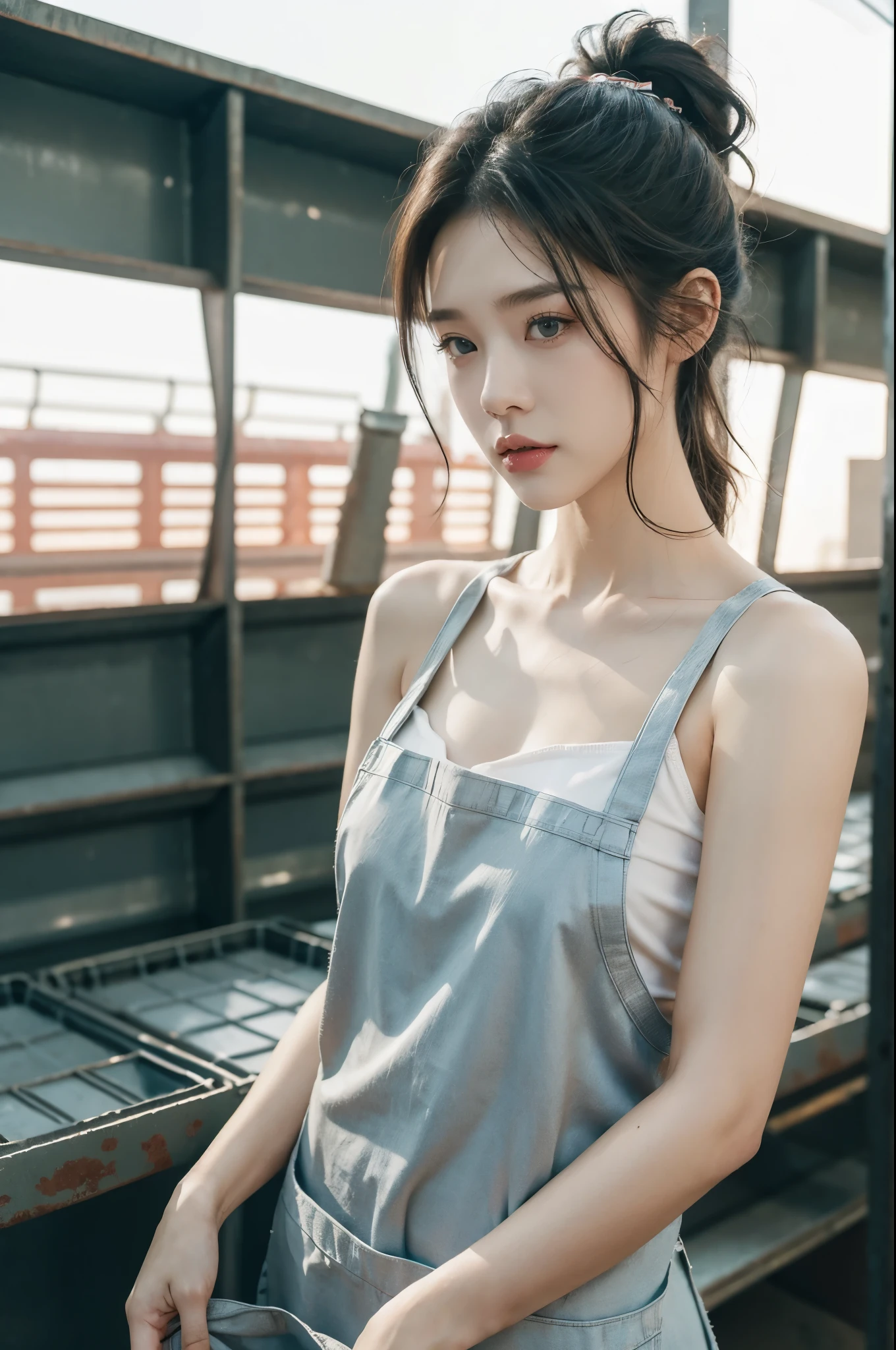 A girl stood in the middle of a pig farm,short ponytail,bare shoulders,flat chests,apron,arms behind back,showcasing industrial photography,realistic scenery,photography carnival,wildlife photography,aurora punk,animal and human styles,upper body,