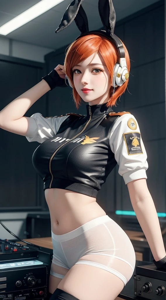 Gwen Tennyson,tracer,Yoha 2B,Yashtola Rul,Overwatch,NieR: Automata,eva pilot, Cyberpunk,Tattoo,Orange and silver plug set,White Short Sleeve Bomber Top,Orange Lycra Shorts,Garter belt,uncovered belly,short hair,cute makeup,Green Eyes,Dimensional golden hair,Sexy smile,freckle,beautiful girl,Large Breasts,8K,Super detailed, Practical,Fantasy Art,DJ ,Ear piercing,Punk outfits,Saiyan woman孩, Saiyan woman,White Short Sleeve Punk Jacket,Bunny headphones,dj mixer,Paint splash on wall,Dance,Bunny Suit,Colorful lights,show stage,