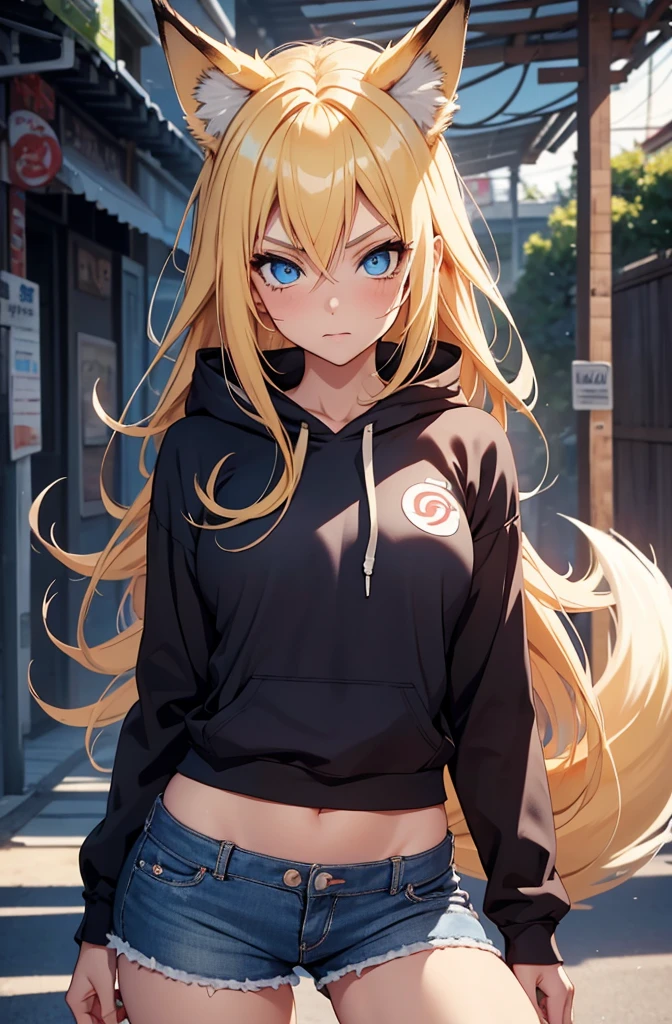 1girl, naruto uzumaki as a girl, nine tailed fox, gender swap naruto uzumaki, female naruto uzumaki, uzumaki naruto as a female, gender swap naruto, Naruko, girl/female/woman, beautiful girl, blond hair, detailed blond hair, medium lenght hair, medium length hair, blond detailed medium length hair, blue eyes, detailed eyes, perfect eyes, beautiful blue eyes, captivating detailed blue eyes, female figure, wearing shorts, casual sport shorts women, running cotton shorts women, hoodie, hoodie for woman, fox ears, she has cute fox ears, fox tail, nine-tailed fox tail, perfect image, 4k image, high resolution, best image, high quality, best image ever, masterpiece [perfect hands, perfect body]
