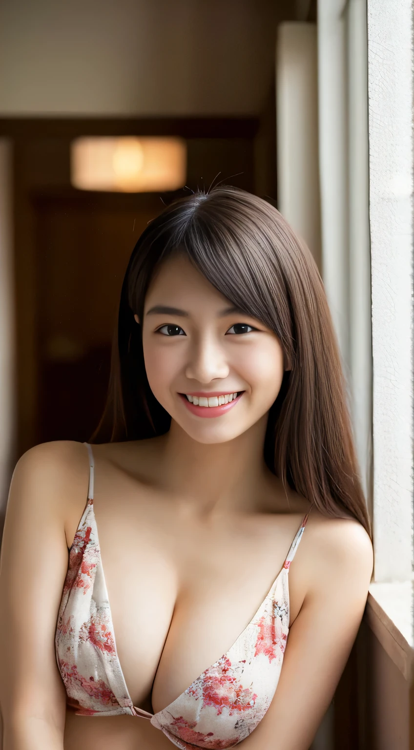 masterpiece,best quality,(Japanese ),((Beautiful girl)),cleavage,indoor,(perfect body beauty:1.2),(shy smile),beautiful teeth,