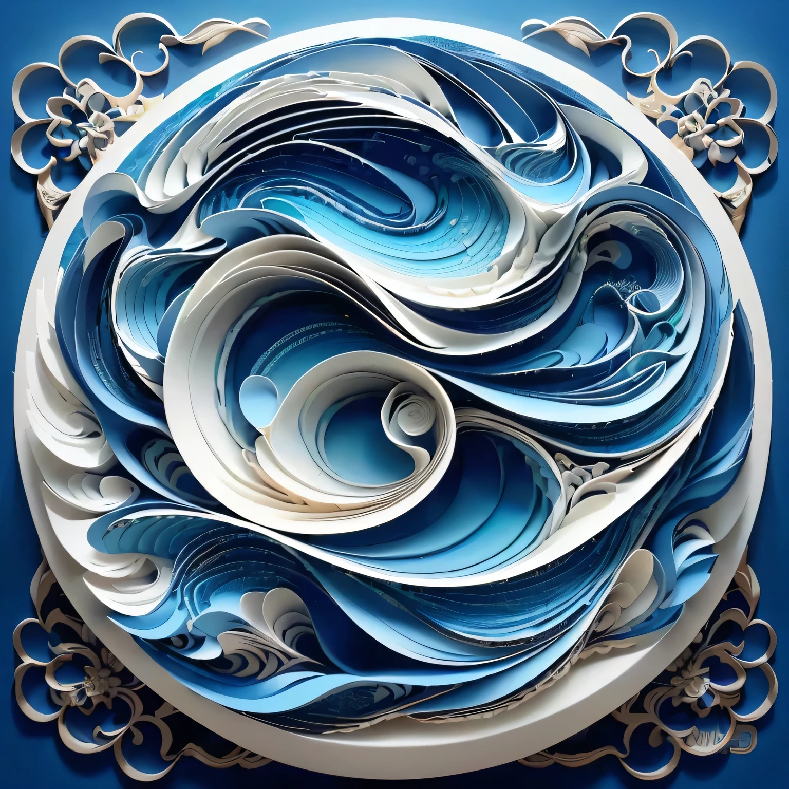 a close up of a paper art of a wave in a circle, layered paper art, paper art, complex 3d illustration, complex digital painting, paper cut art, complex digital art, highly detailed digital 3d art, detailed ocean, intricate and complex digital art, unique and complex painting, intricate flowing oil paint, highly detailed digital art, rolled paper