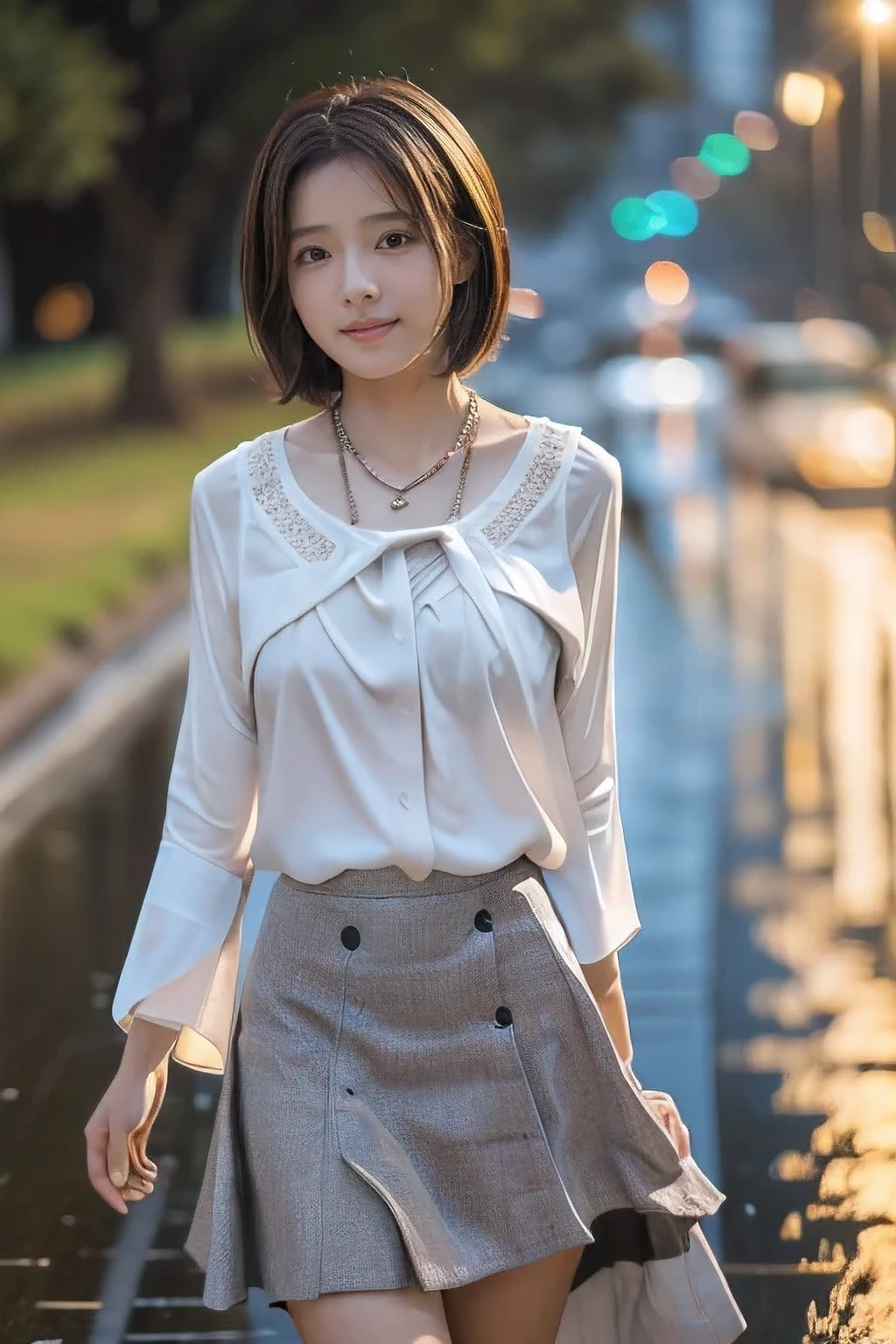 (An 18-year-old woman walking through the rain:1.5)、(Soaking wet:1.2)、(The best quality at its best:1.4), (Super detailed), (Very detailed CG unified 16k), Beautiful woman with perfect figure: 1.4, Sharp focus: 1.2, Very detailed, High-quality RAW color photos, Professional photography, Great face and eyes, cosmetics, (Amazingly beautiful girl), ((White blouse、Grey flared skirt:1.5)), Sexy posture，(View from below), Realistic movie faces, Wide zoomed out view of head to foot length, Full body long view, Realistic, ((Realistic natural orange red hairstyle, Realistic blue eyes)), ( Short Bob Hair:1.5), (necklace:1.5)、, Very beautiful face, Perfect model beauty, Mouth swelling, Highly detailed face and skin texture, Fine grain, double eyelid, Medium chest, smile, Crack, west, (masterpiece), highest quality, High resolution, Very detailed, Blurred Background, Depth of written boundary, Cinema Lighting, Great legs, , Clear, well-maintained skin, (((Women make up the majority of the photo)))