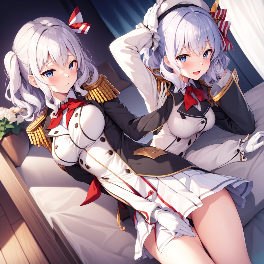 (masterpiece, best quality:1.2),giggle,A hand touched his chest,illustration,8K,HD,1 girl,solitary,portrait,blush,white hair,blue eyes,curls,Double tail,Berets,Epaulettes,Ruffled sleeves,Jacket,Large Breasts,Long sleeve,,mini skirt,Pleated Skirt,Red tie,White gloves,anchor,Solid color background