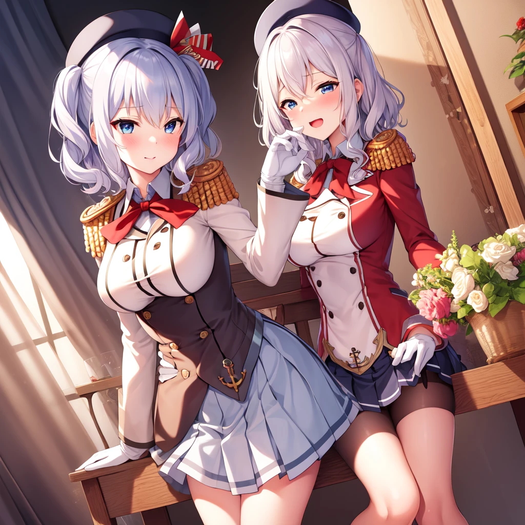 (masterpiece, best quality:1.2),giggle,A hand touched his chest,illustration,8K,HD,1 girl,solitary,portrait,blush,white hair,blue eyes,curls,Double tail,Berets,Epaulettes,Ruffled sleeves,Jacket,Large Breasts,Long sleeve,,mini skirt,Pleated Skirt,Red tie,White gloves,anchor,Solid color background