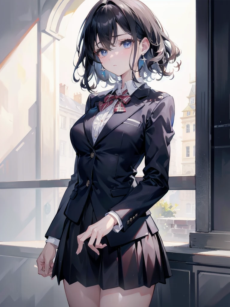 absurdres, RAW photo, extremely delicate and beautiful, masterpiece, Best Quality, ultra high resolution, 32k, hyperrealistic, ultra-detailed, perfect figure, tearful mole, earring, whole body shot, short medium hair, wavy hair, collared button-down shirt, blazer, skirt,