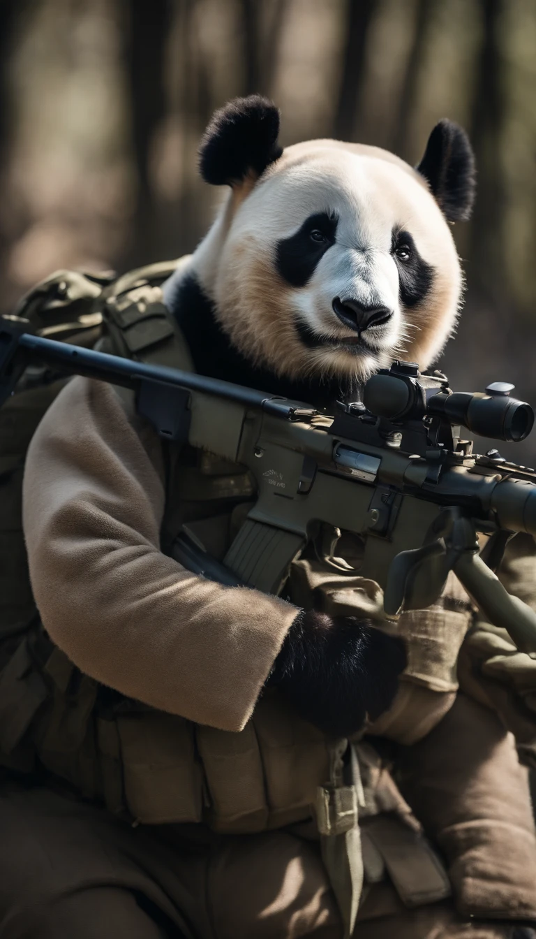 Giant Panda,Wearing military uniform,fight,submachine gun