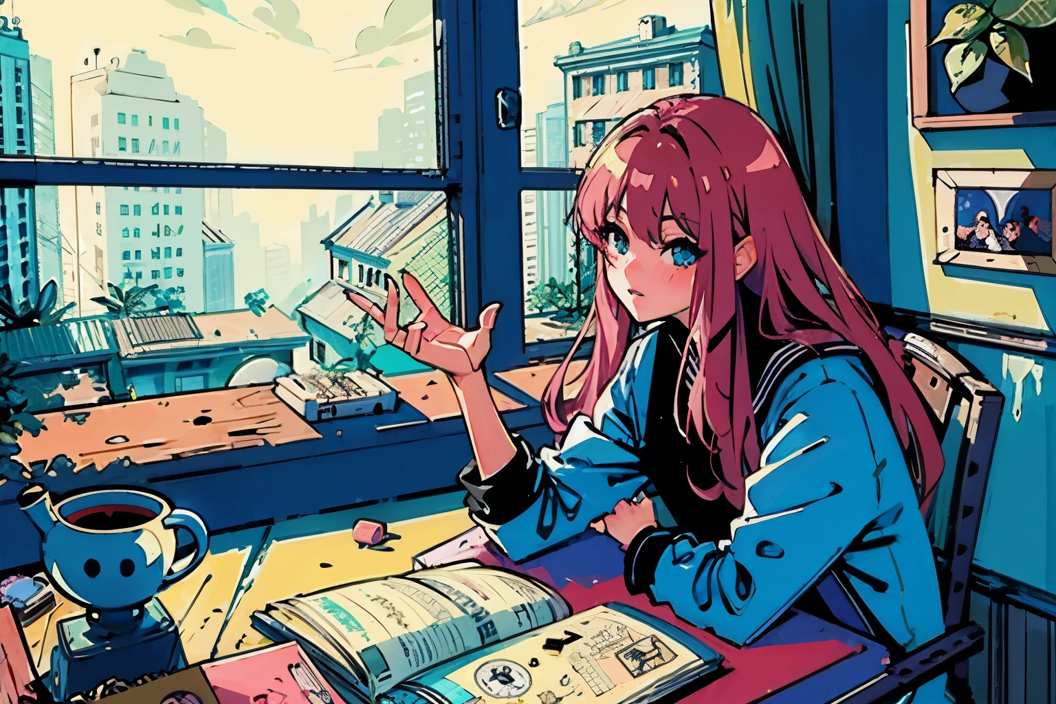 Woman sitting at a desk with a book and a lamp, rain, Anime atmosphere, rainの美学, raining outside, rainの日, On a rainy afternoon, rainの日の外, Erogeo Art Style, Anime Aesthetics, Lo-fi Girl, artistic. Alena Aenami, Anime atmosphere, Arte Roffie, anime art wallpaper 4k, anime art wallpaper 4k