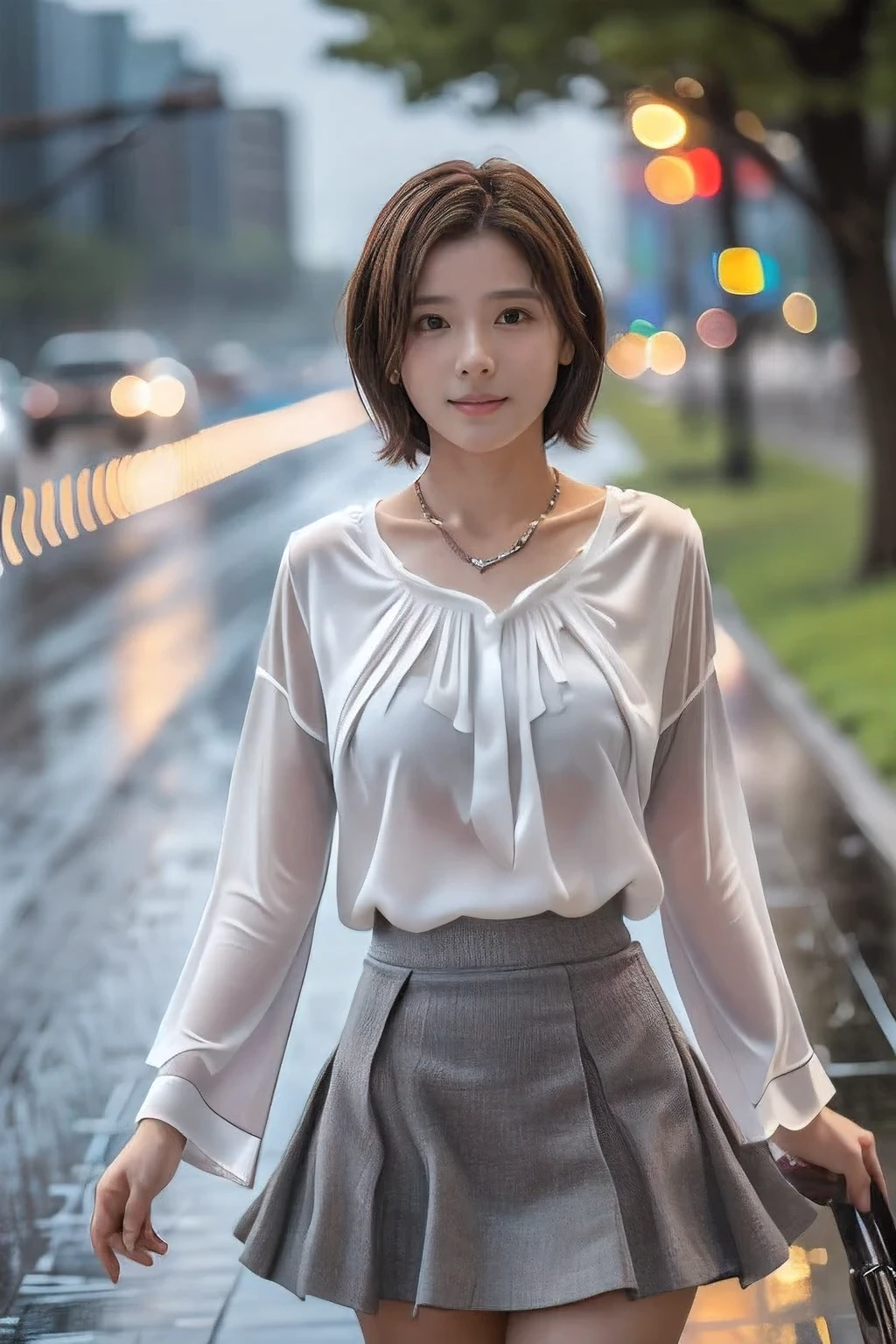 (An 18-year-old woman walking through the rain:1.5)、(Soaking wet:1.2)、(The best quality at its best:1.4), (Super detailed), (Very detailed CG unified 16k), Beautiful woman with perfect figure: 1.4, Sharp focus: 1.2, Very detailed, High-quality RAW color photos, Professional photography, Great face and eyes, cosmetics, (Amazingly beautiful girl), ((White blouse、Grey flared skirt:1.5)), Sexy posture,(View from below), Realistic movie faces, Wide zoomed out view of head to foot length, Full body long view, Realistic, ((Realistic natural orange red hairstyle, Realistic blue eyes)), ( Short Bob Hair:1.5), (necklace:1.5)、, Very beautiful face, Perfect model beauty, Mouth swelling, Highly detailed face and skin texture, Fine grain, double eyelid, Medium chest, smile, Crack, west, (masterpiece), highest quality, High resolution, Very detailed, Blurred Background, Depth of written boundary, Cinema Lighting, Great legs, , Clear, well-maintained skin, (((Women make up the majority of the photo)))