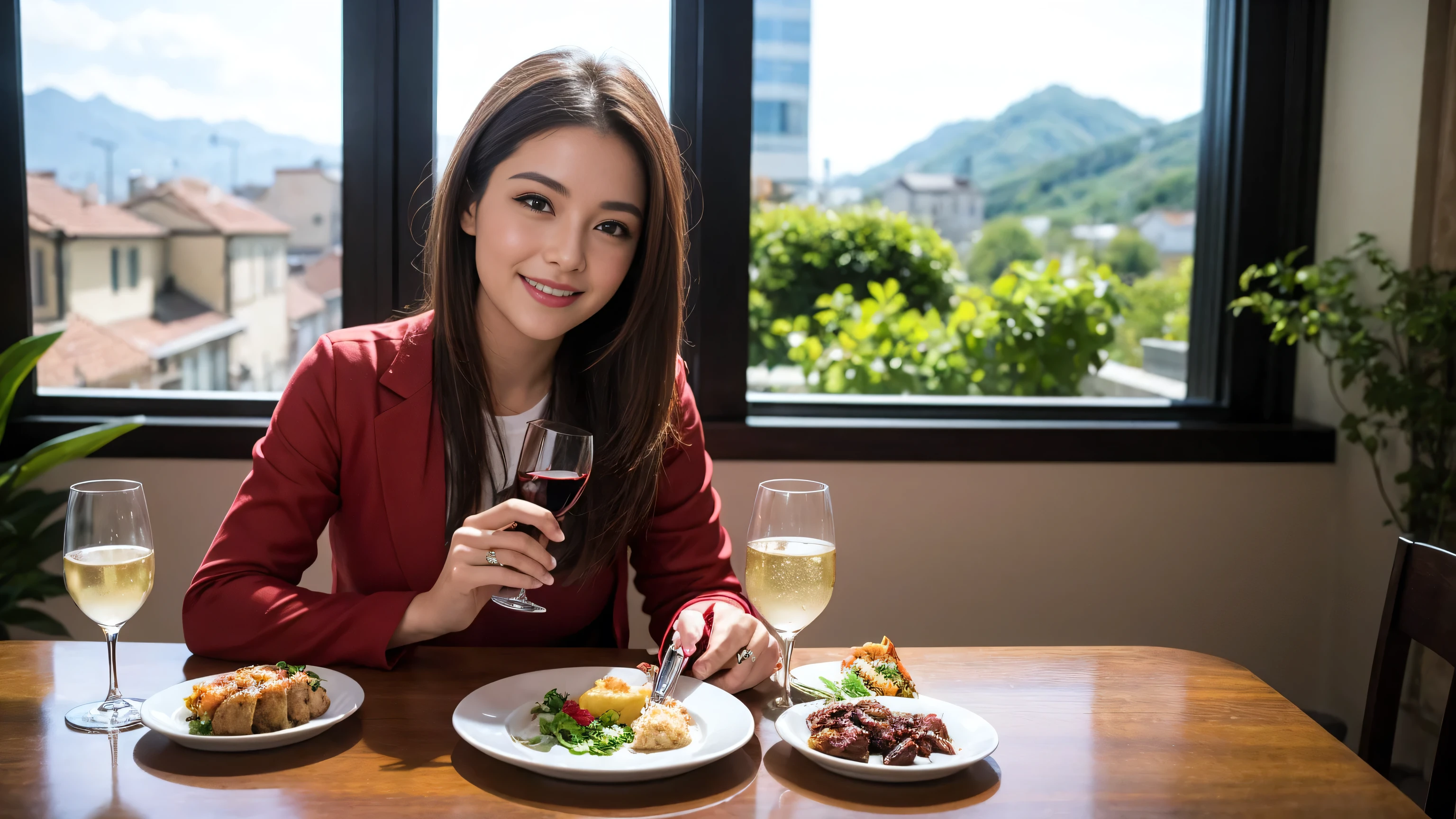 ((highest quality、8k、masterpiece:1.3))、Sharp focus:1.2、Beautiful woman perfect body:1.4、Slim body、((Bob Hale、Straight hair:1.2))、(to be born, highest quality, masterpiece:1.5), (Realistic, Intricate details:1.2), Wine glass on the table、Shine light on your face、 Amazing view of the sunset sky and clouds、Amazing mountain views、A bright smile、A lovely woman with a smile、Bright image、The beauty of wine, Beautiful Face, blue eyes, The light shines on your face, Blushing, short hair,Bright Face、Fox face、 (43 years old), 39 years old, Lady、red wine 、Appetizers、Italian food、Wine bottle、Champagne、sparkling wine、Two beauties、Brown Hair、Shortcuts、Long sleeve shirt、dress、Pretty Woman 1, (Slim face), (The body is slim), (Brown Hair), (Shortcuts), cheeks turn a little red,Attractive beauty、, Out of the window, A beautiful and detailed night view unfolds.........., restaurant, In a prominent place (From the waist up) Nova Frog Style, actress, model, Upper Body, White wine, slim, wine glass, Wine glass placed in the center, smile, (smile: 1.15), Beautiful fine grain, Depth f/2,saturation, High Contrast, Strong light and shadow,Moist Body:1.5、3D texture、Delicate eyes、Brown Hair、The hair is very shiny、