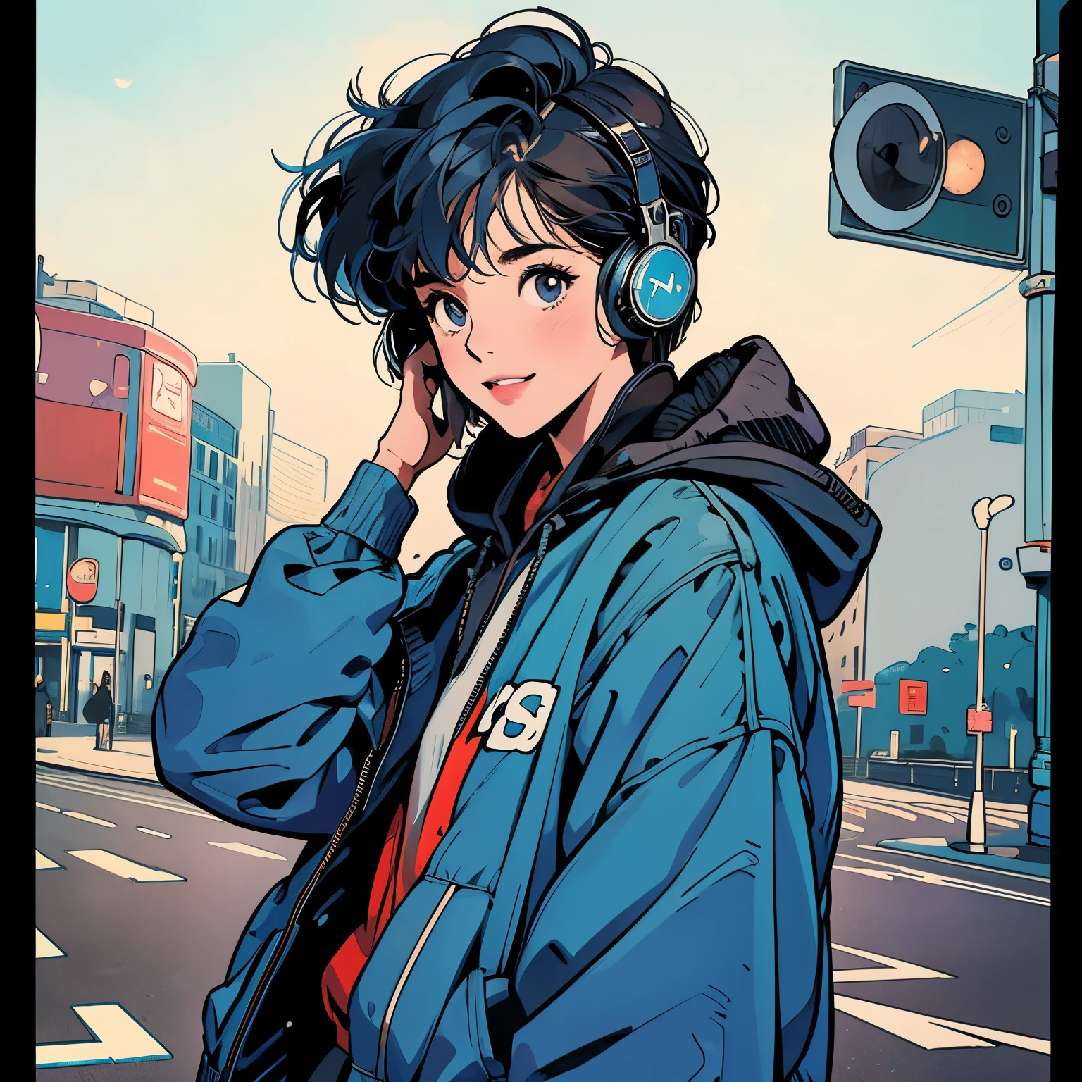 whole body、Kind Face、1 pretty woman、Hoodie with hood、skirt、pedestrian crossing、Signal 、intersection、Complex background、Brown Hair、smile、Blue Hair、Faint lighting、Wearing headphones、Short hair