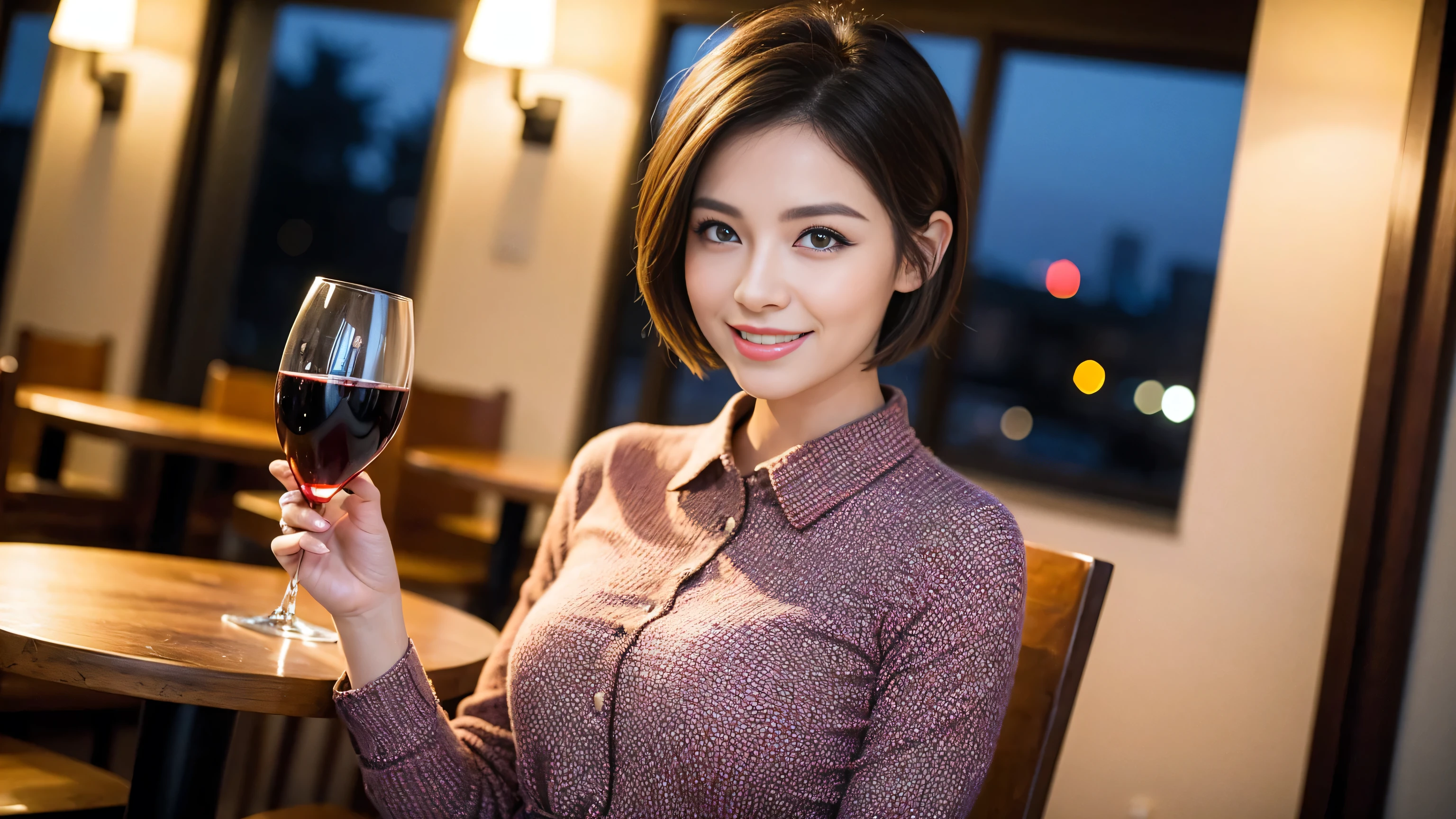 ((highest quality、8k、masterpiece:1.3))、Sharp focus:1.2、Beautiful woman perfect body:1.4、Slim body、((Bob Hale、Straight hair:1.2))、(to be born, highest quality, masterpiece:1.5), (Realistic, Intricate details:1.2), Wine glass on the table、Shine light on your face、 Amazing view of the sunset sky and clouds、Amazing mountain views、A bright smile、A lovely woman with a smile、Bright image、The beauty of wine, Beautiful Face, blue eyes, The light shines on your face, Blushing, short hair,Bright Face、Fox face、 (43 years old), 39 years old, Lady、red wine 、Appetizers、Italian food、Wine bottle、Champagne、sparkling wine、Two beauties、Brown Hair、Shortcuts、Long sleeve shirt、dress、Pretty Woman 1, (Slim face), (The body is slim), (Brown Hair), (Shortcuts), cheeks turn a little red,Attractive beauty、, Out of the window, A beautiful and detailed night view unfolds.........., restaurant, In a prominent place (From the waist up) Nova Frog Style, actress, model, Upper Body, White wine, slim, wine glass, Wine glass placed in the center, smile, (smile: 1.15), Beautiful fine grain, Depth f/2,saturation, High Contrast, Strong light and shadow,Moist Body:1.5、3D texture、Delicate eyes、Brown Hair、The hair is very shiny、