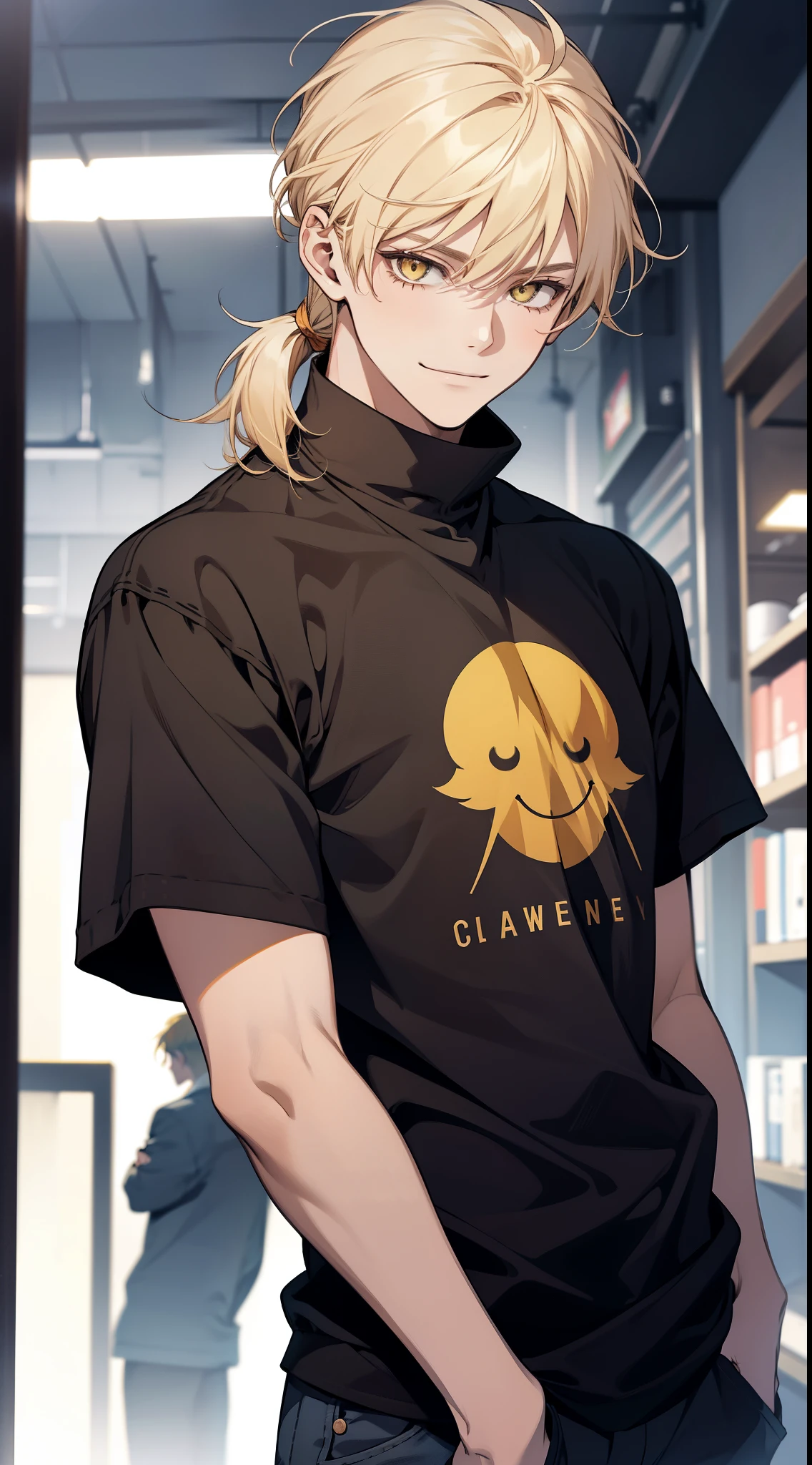 A boy solo standing in the middle with blond hair and yellow eyes, side bang, casual clothes, male focus. looking at viewer,smile,1boy,closed mouth, low pony tail,