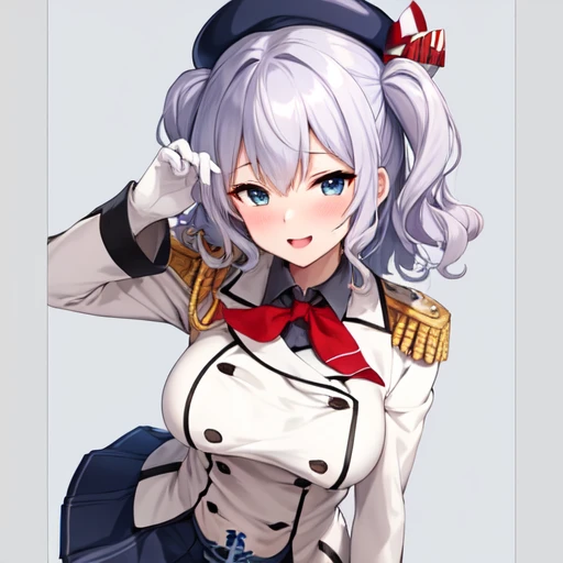 (masterpiece, best quality:1.2),giggle,A hand touched his chest,illustration,8K,HD,1 girl,solitary,portrait,blush,white hair,blue eyes,curls,Double tail,Berets,Epaulettes,Ruffled sleeves,Jacket,Large Breasts,Long sleeve,,mini skirt,Pleated Skirt,Red tie,White gloves,anchor,Solid color background