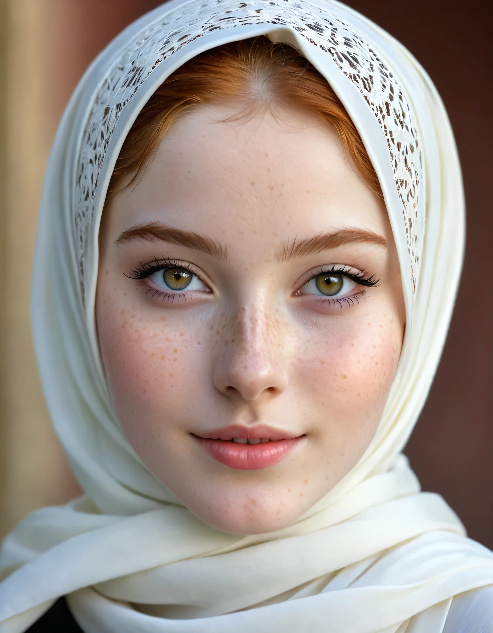 photography half body portrait of very beautiful realistic girl, 15-years-old, porcelain skin, very fair skin, very pale skin, redhead, detail freckles skin, hazel eyes, slanted eyes, small nose, small nostril, thick curved eyebrow, thick bottom lip, seductive gaze, happy face, unique face, wear white glamour hijab, Muslim fancy hijab, detail photo, realistic photo, master piece picture, sharp picture, outdoor clear daylight
