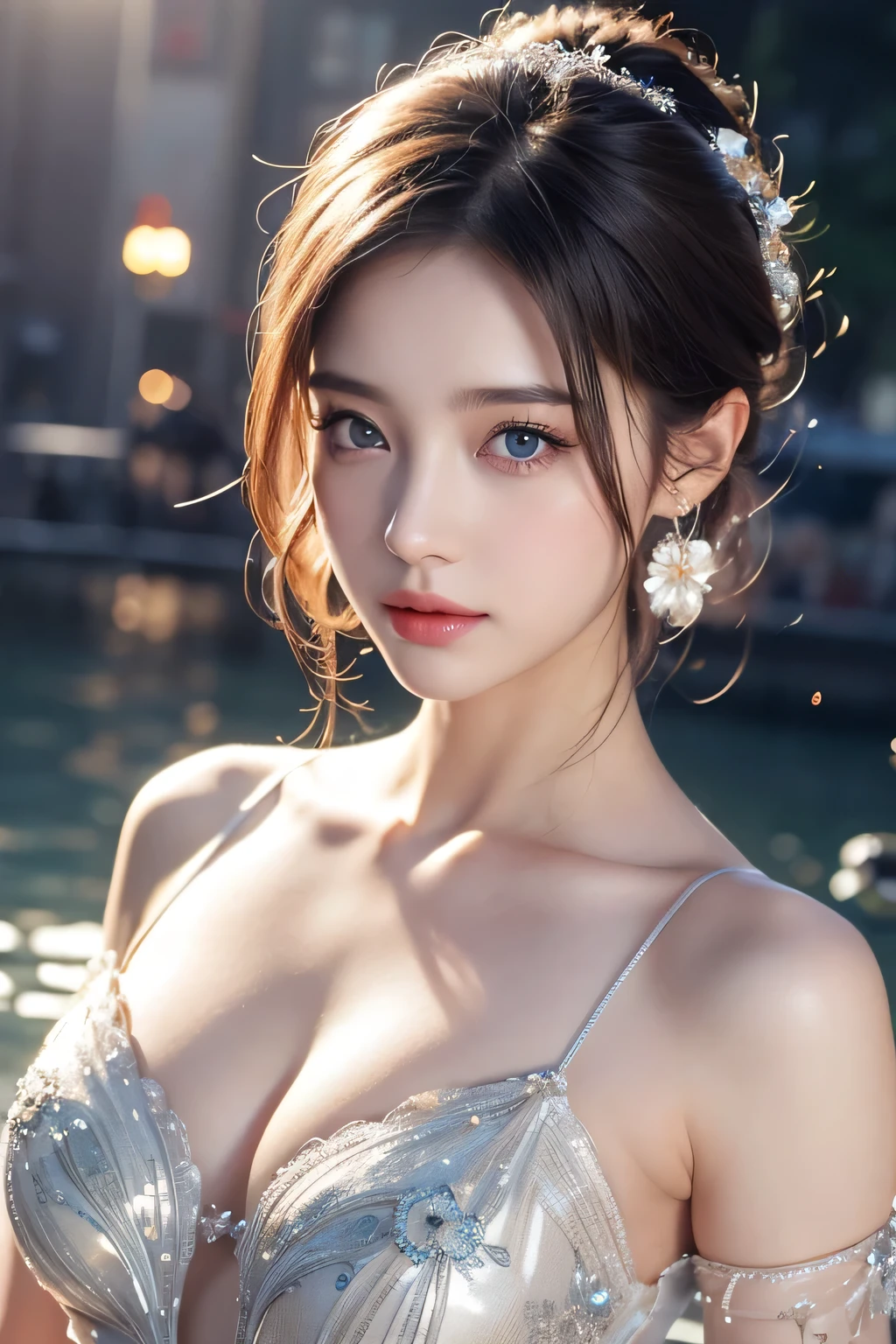 high quality work,Realistic artwork,Ultra Premium Graphics,8K HD CG Works,High quality graphics,High-definition and elaborate CG work,10x pixels,Ultra-fine detail:1.1,Advanced Technical Details:1.1Realistic photo effects,Indoor lighting effects:1.5,Natural soft light:1.5. Light effects(Virtual Light Effects:1.8),Ultra-high resolution,Shiny Dress,Silver long hair,Silver Hair,Transparent Hair,Hair with attention to detail(High quality hair detail:1.1)Clear Eyes,Double eyelids are beautiful,Sharp eye makeup, Creates exquisite eyelash makeup, Thin eyebrows, Very fine eye,High nose, Beautiful red lips, Rosy Cheeks, Delicate makeup applied , Pretty face, The face shape is perfectly balanced,(Advanced Face Detail:1.1)Short-haired girl floating in water、Carly), blue eyes, job,No costume box,A body exposed to the audience,Nipples are visible,Stunning face portrait, Gveiz-style artwork, Beautiful portrait, Beautiful Face, Gveiz, Watery eye, Detailed Numerical Art, Numerical Art, Beautiful artwork, Reusch et al......... enough, 青いWatery eye, Beautiful Numerical Art works,frontage,LOL,Women artwork,Dress full body video,realism,Great cleavage,Your eyes are shining brightly today,Wearing shorts,Beautiful legs