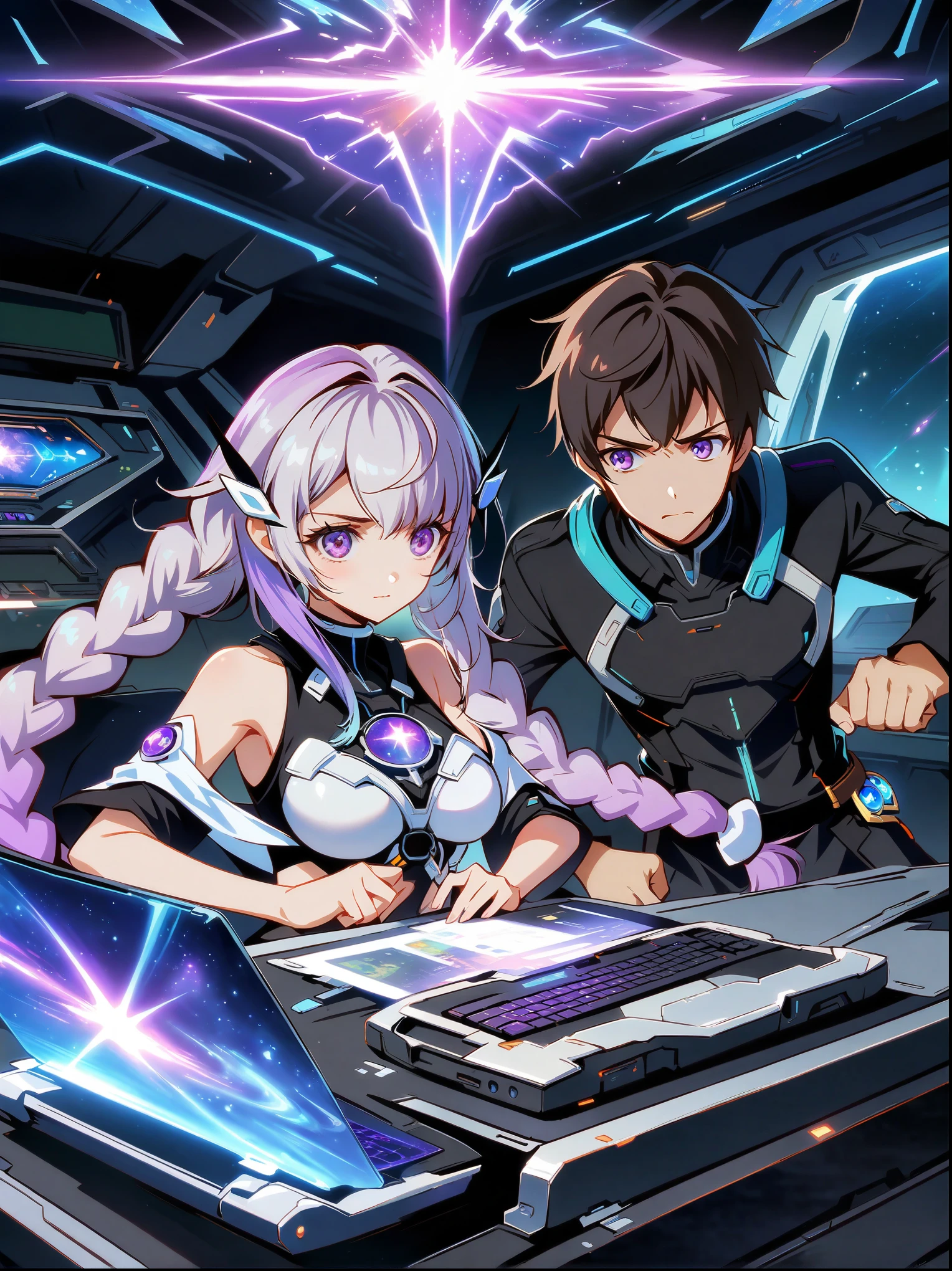 (Vision:1.5), 1yj1, 1girl, (((Symmetrical hair accessories, Purple and white gradient double ponytail long hair, Purple Eyes))),(Purple double long braids:1.3),(1boy:1.9), dream, Inside the starship,Console, laptop, play games, nervous, Anatomically correct, Bright colors, Ultra high saturation, yinji, Popular Isekai Anime,Official Anime Artwork,Fantasy style anime,Shadow Poetry Style,Fantasy Anime Series,Interstellar Science Fiction World,future
