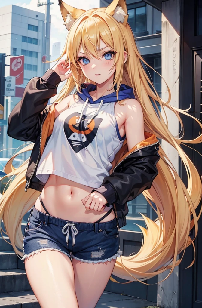 1girl, naruto uzumaki as a girl, gender swap naruto uzumaki, female naruto uzumaki, uzumaki naruto as a female, gender swap naruto, Naruko, girl/female/woman, beautiful girl, blond hair, detailed blond hair, medium lenght hair, medium length hair, blond detailed medium length hair, blue eyes, detailed eyes, perfect eyes, beautiful blue eyes, captivating detailed blue eyes, female figure, wearing shorts, casual sport shorts women, running cotton shorts women, cropped hoodie, cropped-hoodie for woman, cute, cute girl, fox ears, she has cute fox ears, fox tail, nine-tailed fox tail, perfect image, 4k image, high resolution, best image, high quality, best image ever, masterpiece [perfect hands, perfect body]
