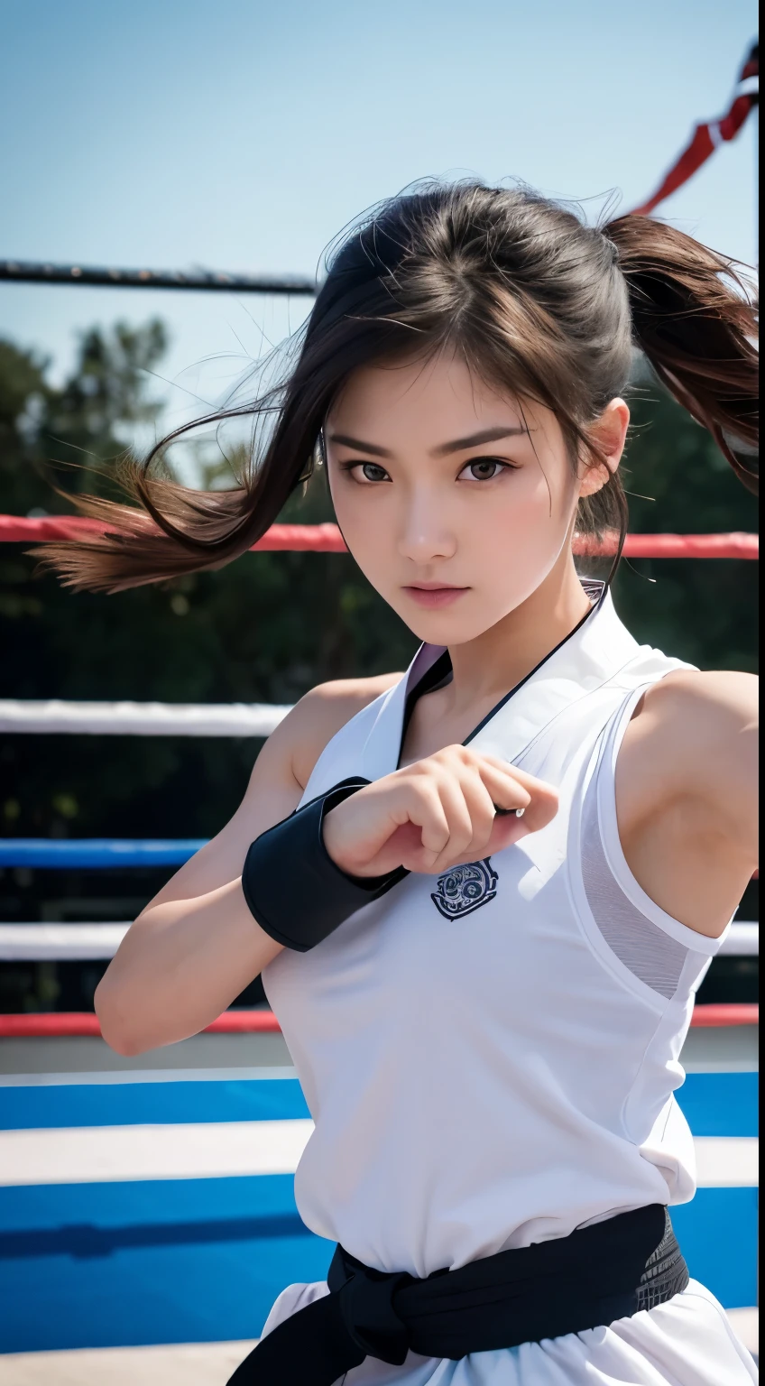 (RAW Photos:1.2), (Realistic), Beautiful detailed girl, Very detailed eyes and face, Beautiful and beautiful eyes, Large file size, High resolution, Very detailed, highest quality, [Tabletop:1.6], shape, Very detailed, The finer details, highest quality, 8K Dende Wallpaper, Cinema Lighting,Fighting arena in the background、20 year old slim and muscular woman, Female Fighter, Karate pose, Outdoor Martial Arts Tournament, hang on, Uniform, 彼女の柔Uniform, ponytail, Serious expression, The body is slim, Young Face, , Stadium