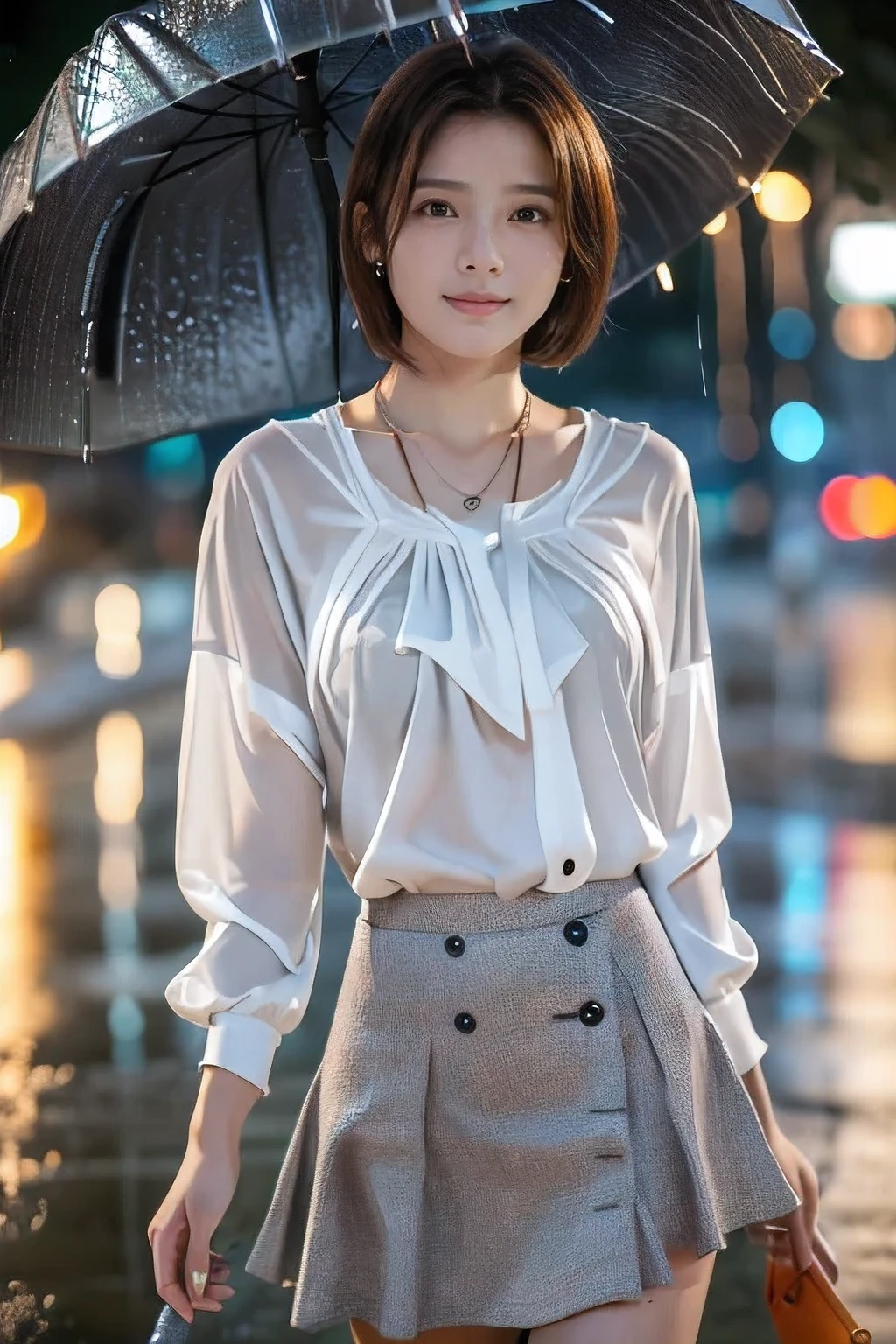 (An 18-year-old woman walking through the rain:1.5)、(Soaking wet:1.2)、(The best quality at its best:1.4), (Super detailed), (Very detailed CG unified 16k), Beautiful woman with perfect figure: 1.4, Sharp focus: 1.2, Very detailed, High-quality RAW color photos, Professional photography, Great face and eyes, cosmetics, (Amazingly beautiful girl), ((White blouse、Grey flared skirt:1.5)), Sexy posture,(View from below), Realistic movie faces, Wide zoomed out view of head to foot length, Full body long view, Realistic, ((Realistic natural orange red hairstyle, Realistic blue eyes)), ( Short Bob Hair:1.5), (necklace:1.5)、, Very beautiful face, Perfect model beauty, Mouth swelling, Highly detailed face and skin texture, Fine grain, double eyelid, Medium chest, smile, Crack, west, (masterpiece), highest quality, High resolution, Very detailed, Blurred Background, Depth of written boundary, Cinema Lighting, Great legs, , Clear, well-maintained skin, (((Women make up the majority of the photo)))